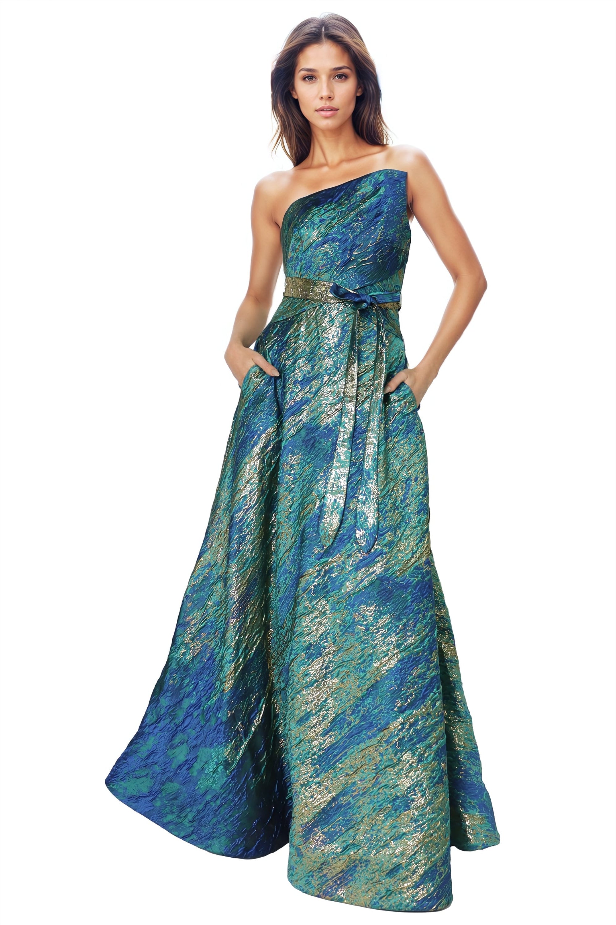 Asymmetric Strapless Brocade Gown Gown Rene Ruiz Collection