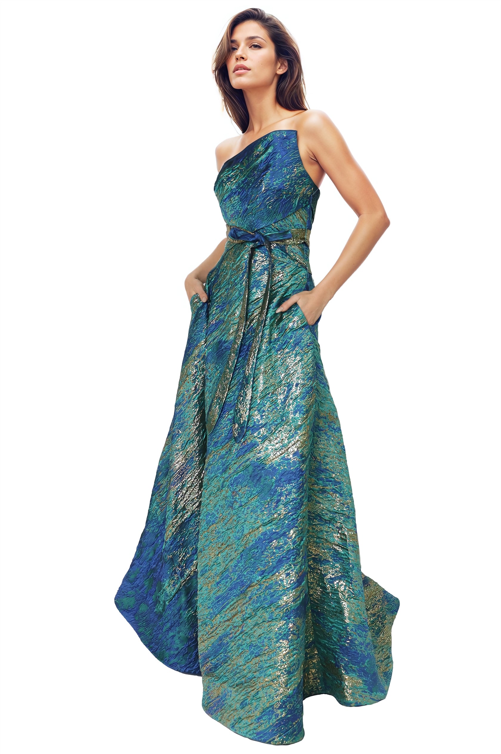 Asymmetric Strapless Brocade Gown Gown Rene Ruiz Collection
