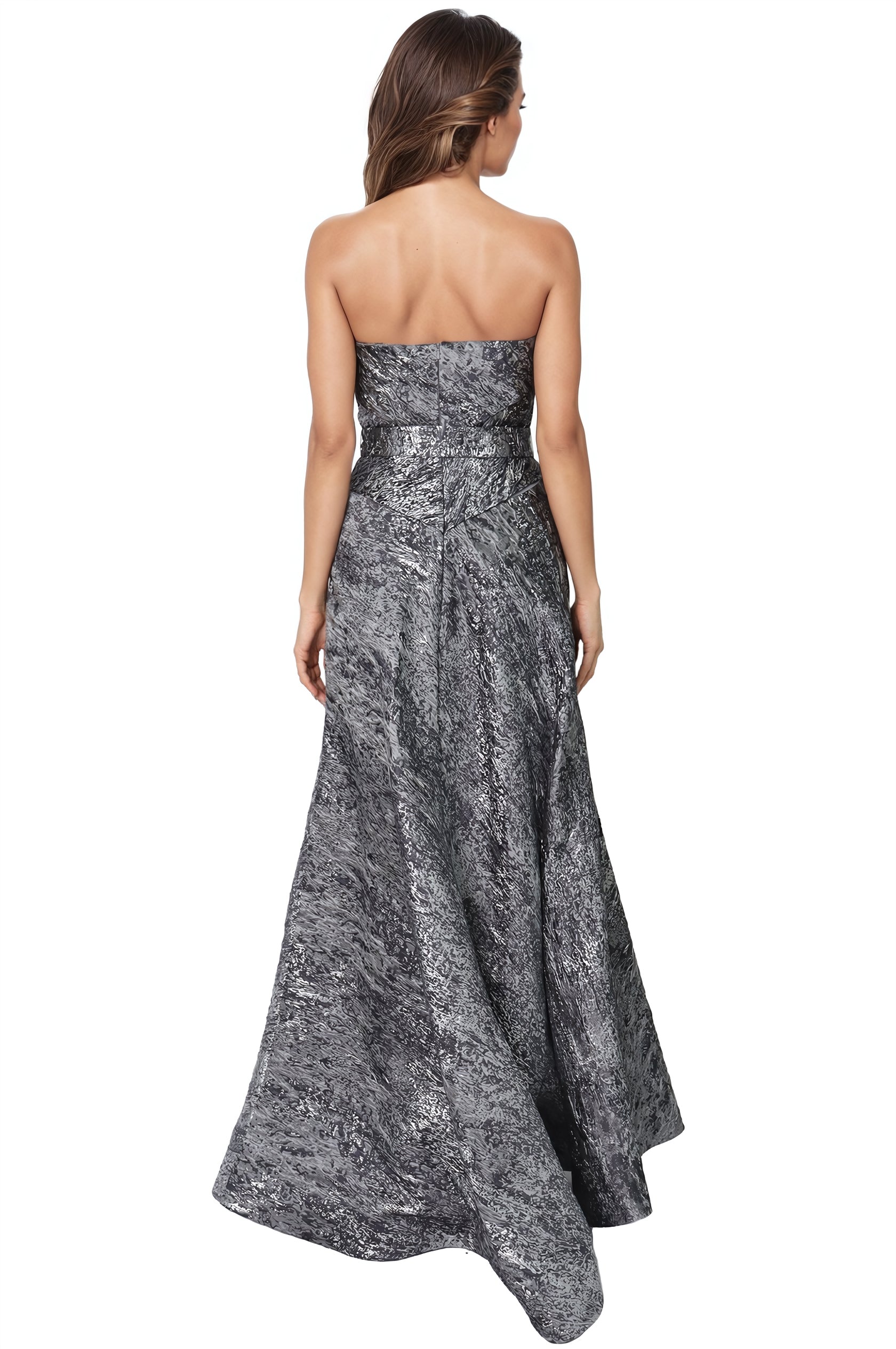 Asymmetric Strapless Brocade Gown Gown Rene Ruiz Collection