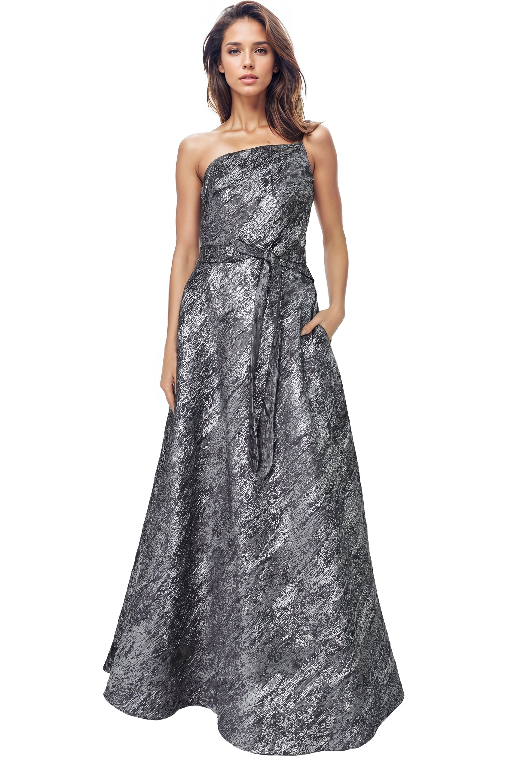 Asymmetric Strapless Brocade Gown Gown Rene Ruiz Collection