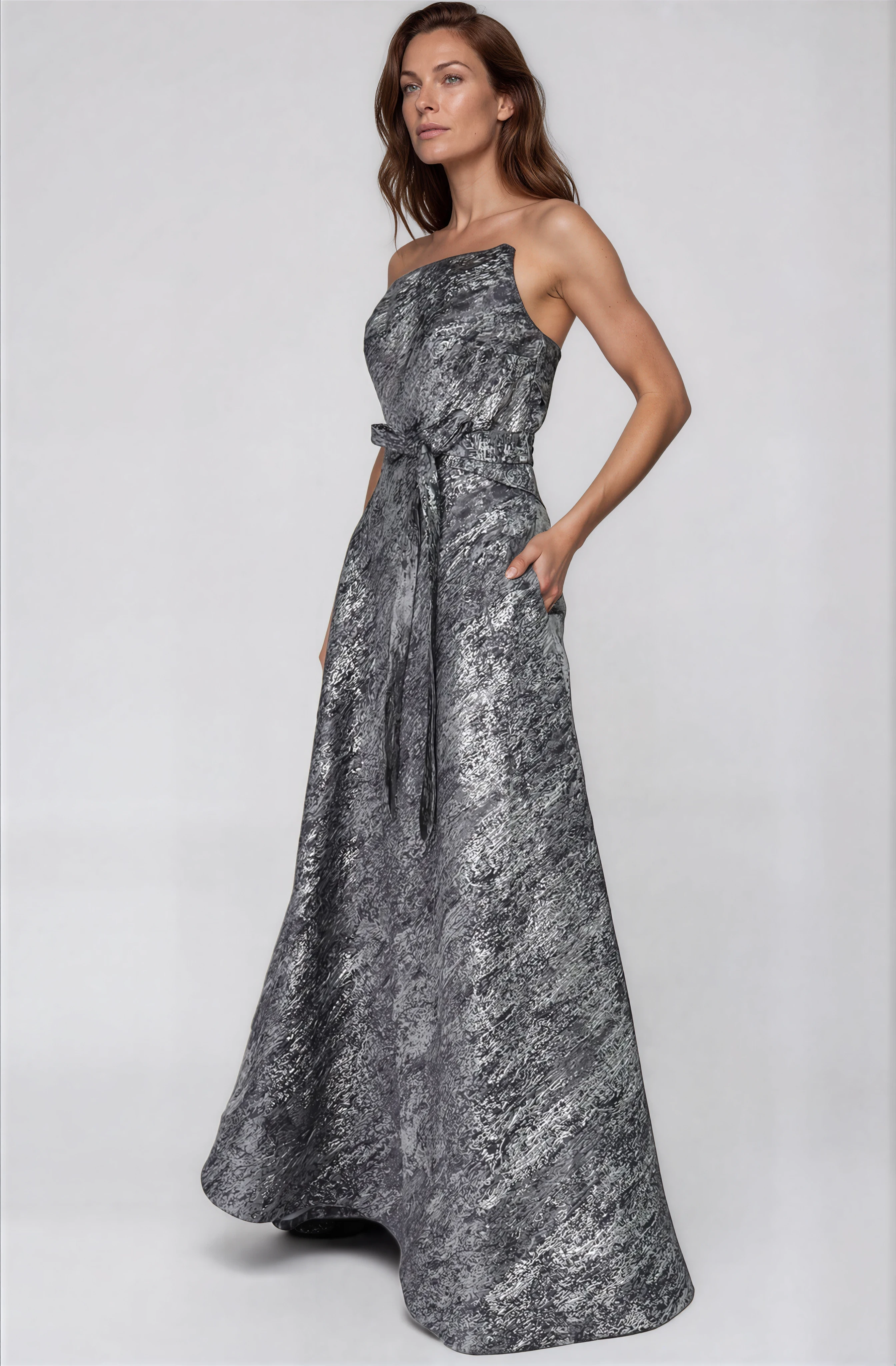 Asymmetric Strapless Brocade Gown Gown Rene Ruiz Collection