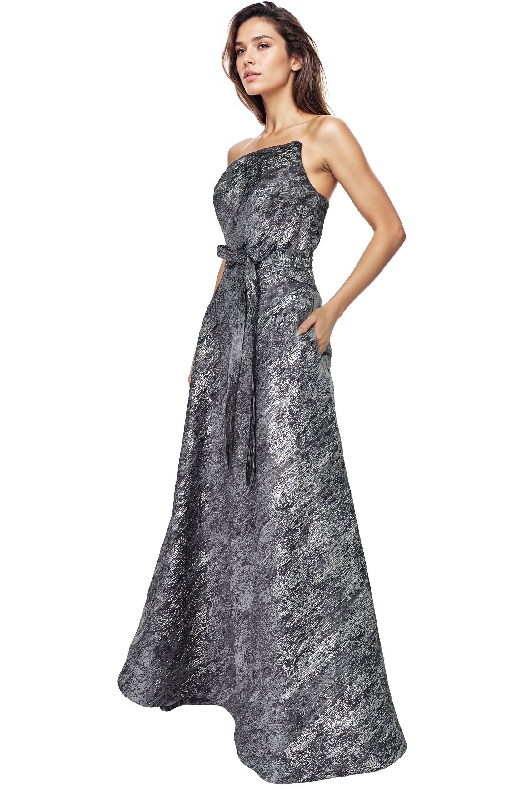Asymmetric Strapless Brocade Gown Gown Rene Ruiz Collection