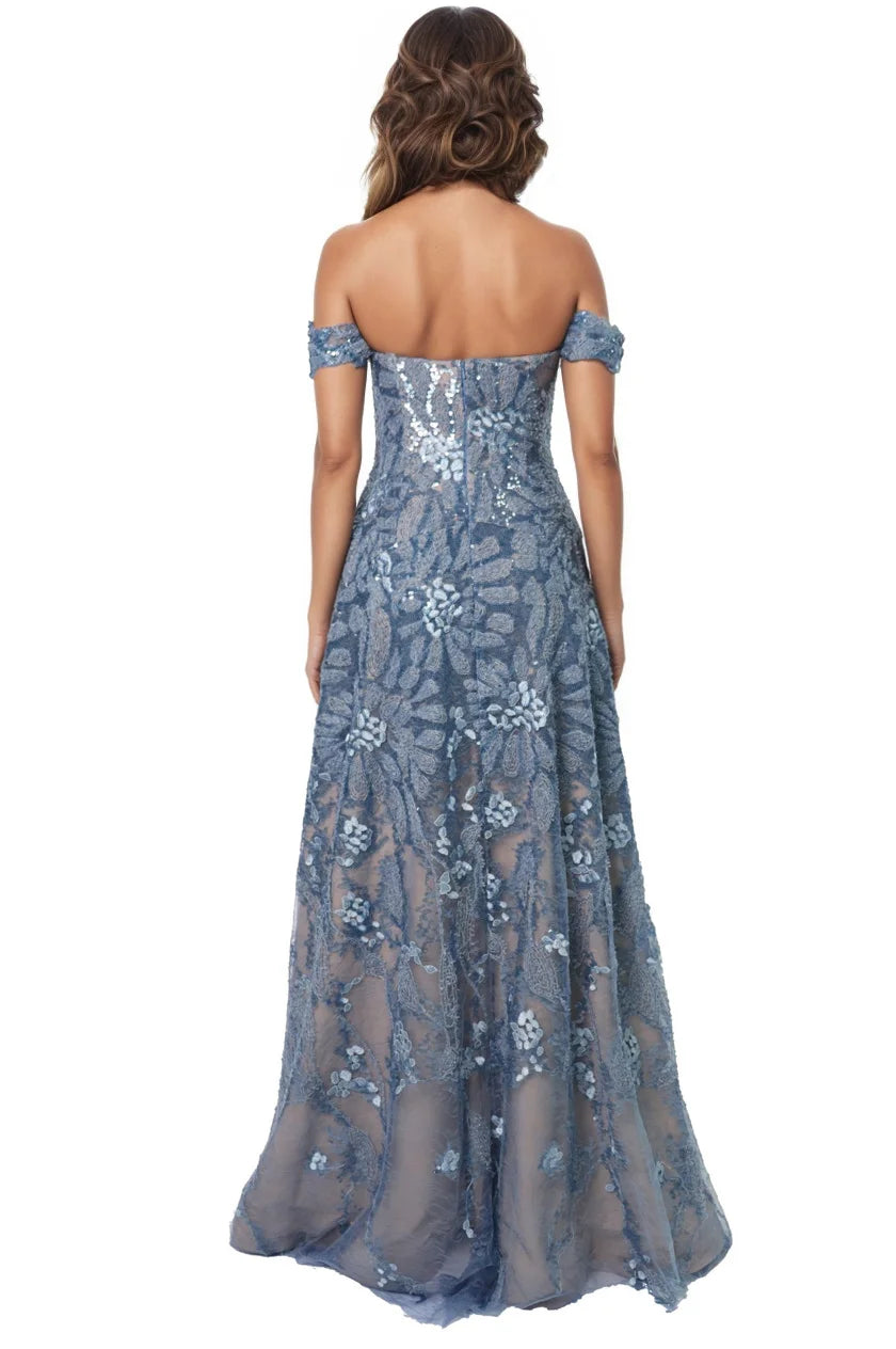 Floral Embroidered Off the Shoulder A-Line Gown Gown Rene Ruiz Collection