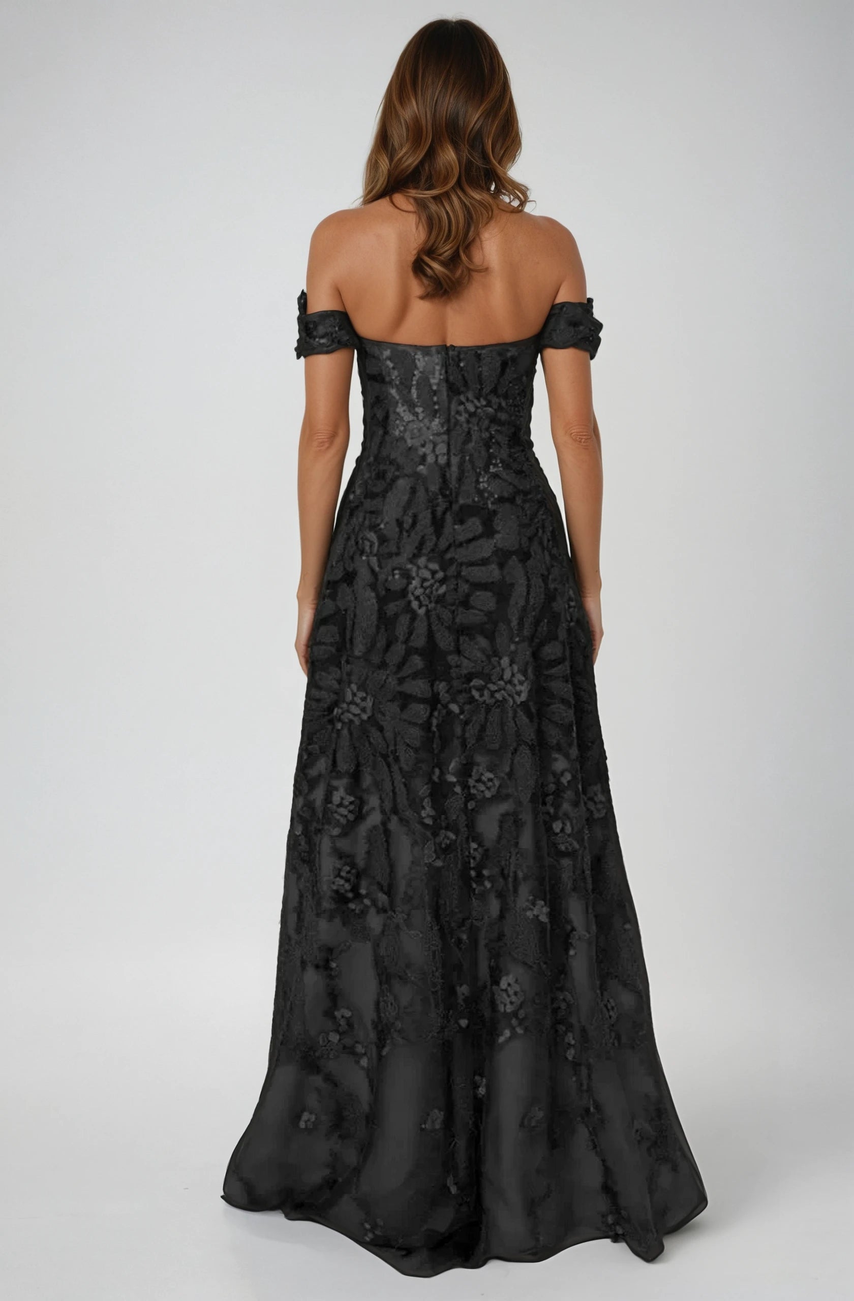 Floral Embroidered Off the Shoulder A-Line Gown