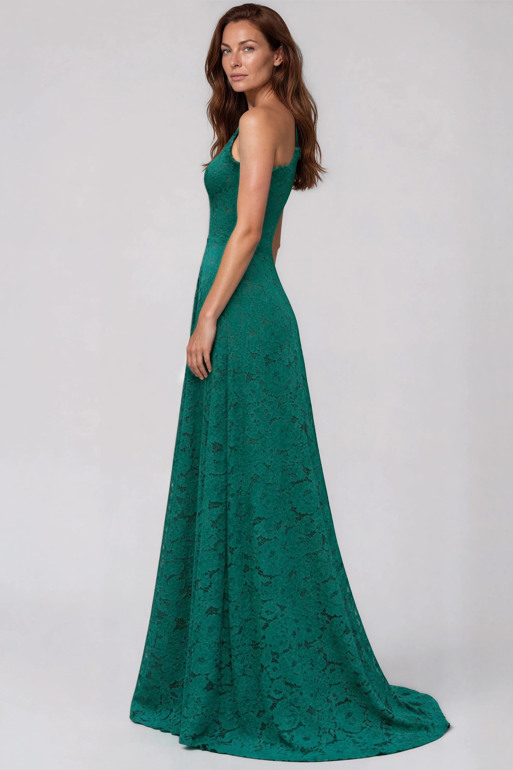 One Shoulder Scalloped Neck Lace A-Line Gown Gown Rene Ruiz Collection