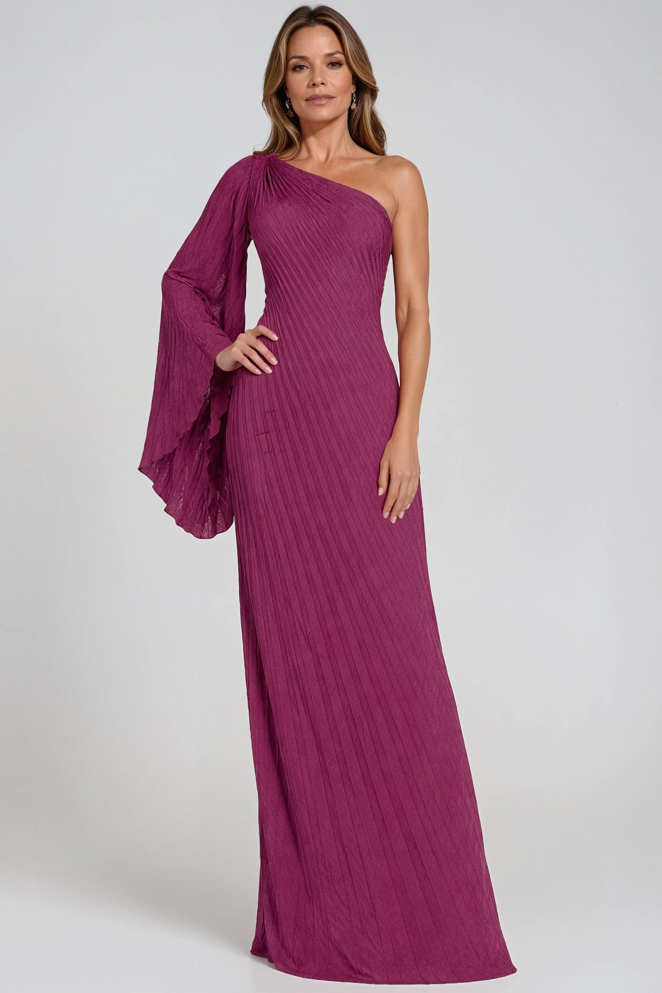 One Shoulder Pleated Column Gown Gown Rene Ruiz Collection
