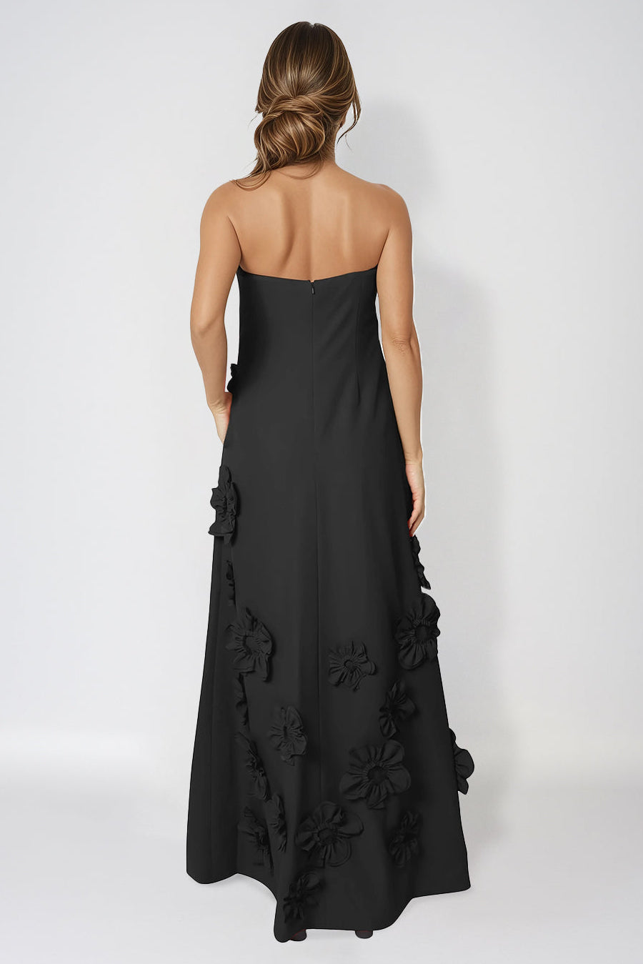 Strapless Floral Appliqué A-Line Crepe Gown Gown Rene Ruiz Collection