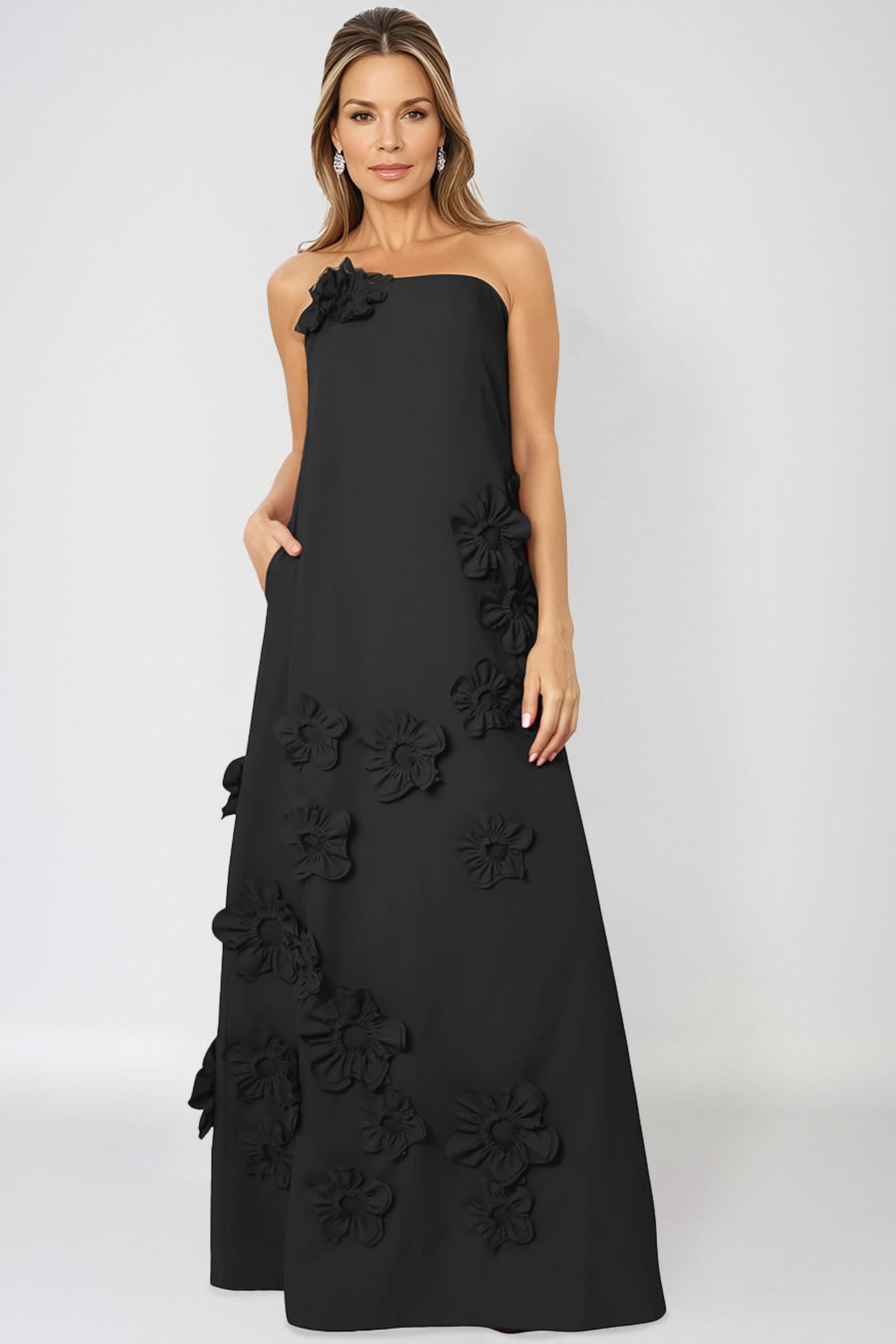 Strapless Floral Appliqué A-Line Crepe Gown Gown Rene Ruiz Collection