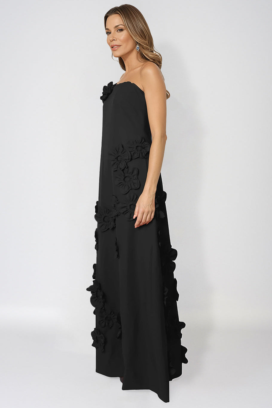 Strapless Floral Appliqué A-Line Crepe Gown Gown Rene Ruiz Collection