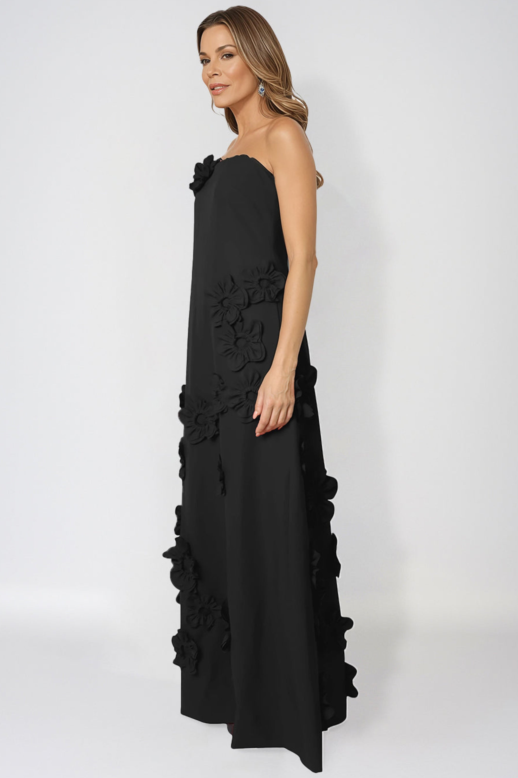 Strapless Floral Appliqué A-Line Crepe Gown Gown Rene Ruiz Collection