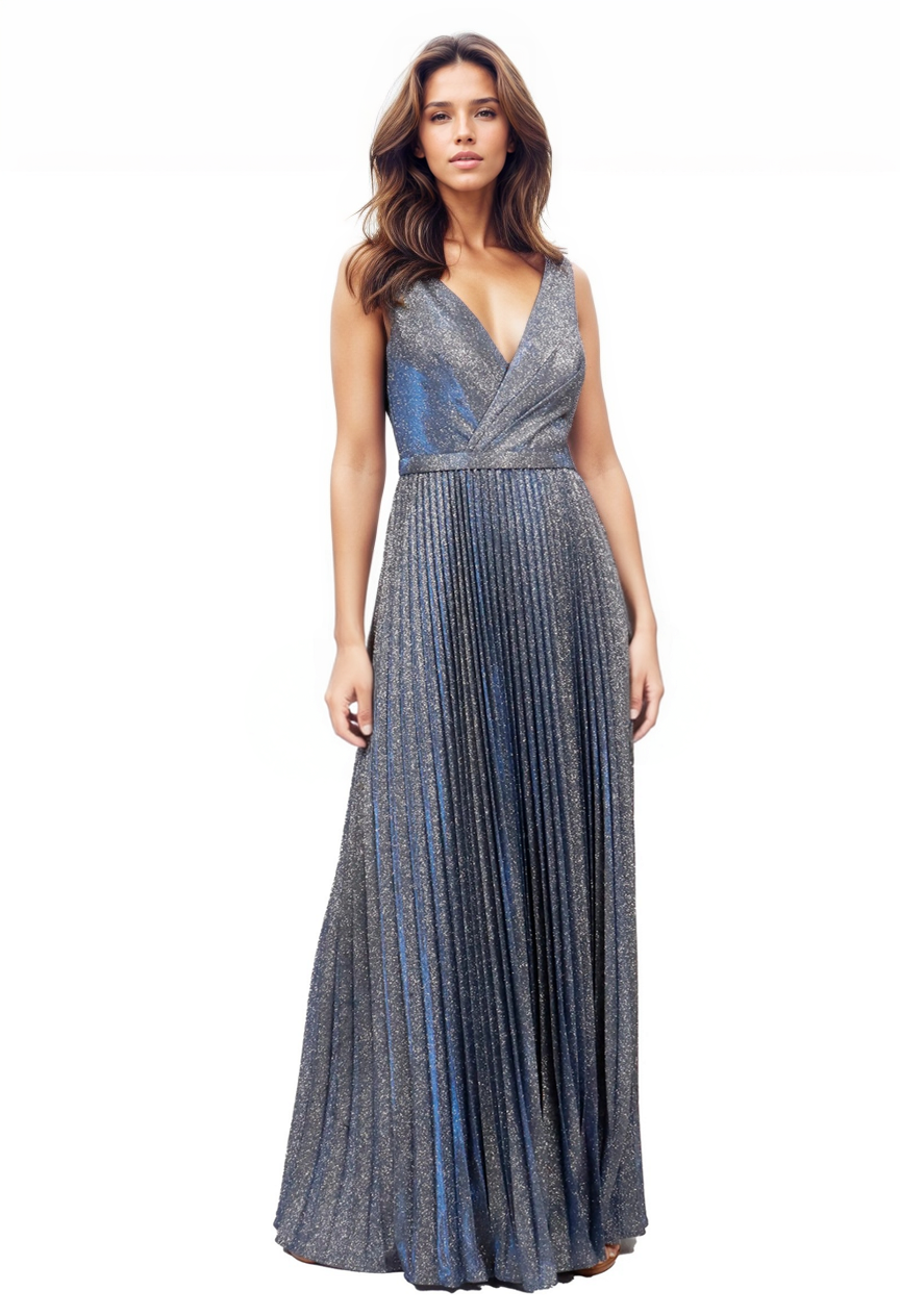 V Neck Pleated Evening Formal Gown Gown Rene Ruiz Collection 2 Blue