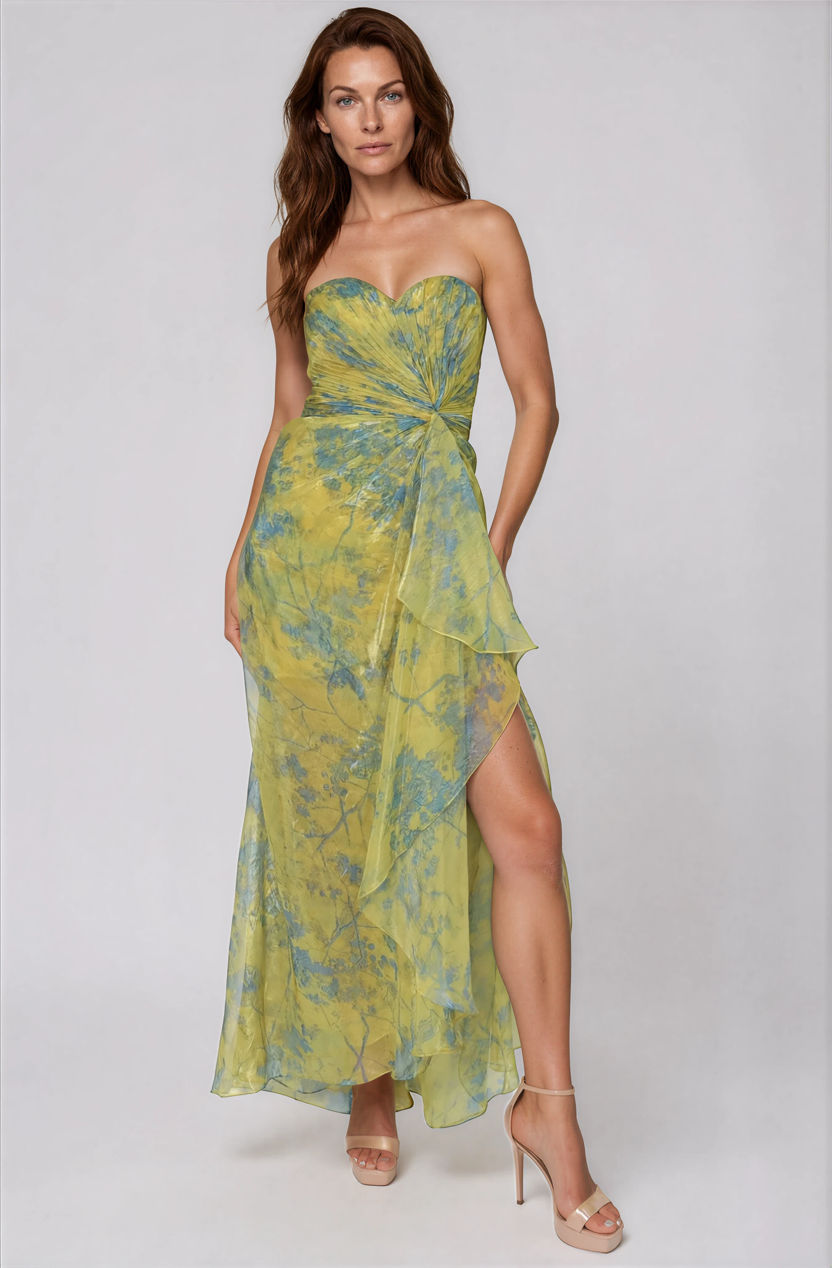 Strapless Chiffon Printed Gown Gown Rene Ruiz Collection