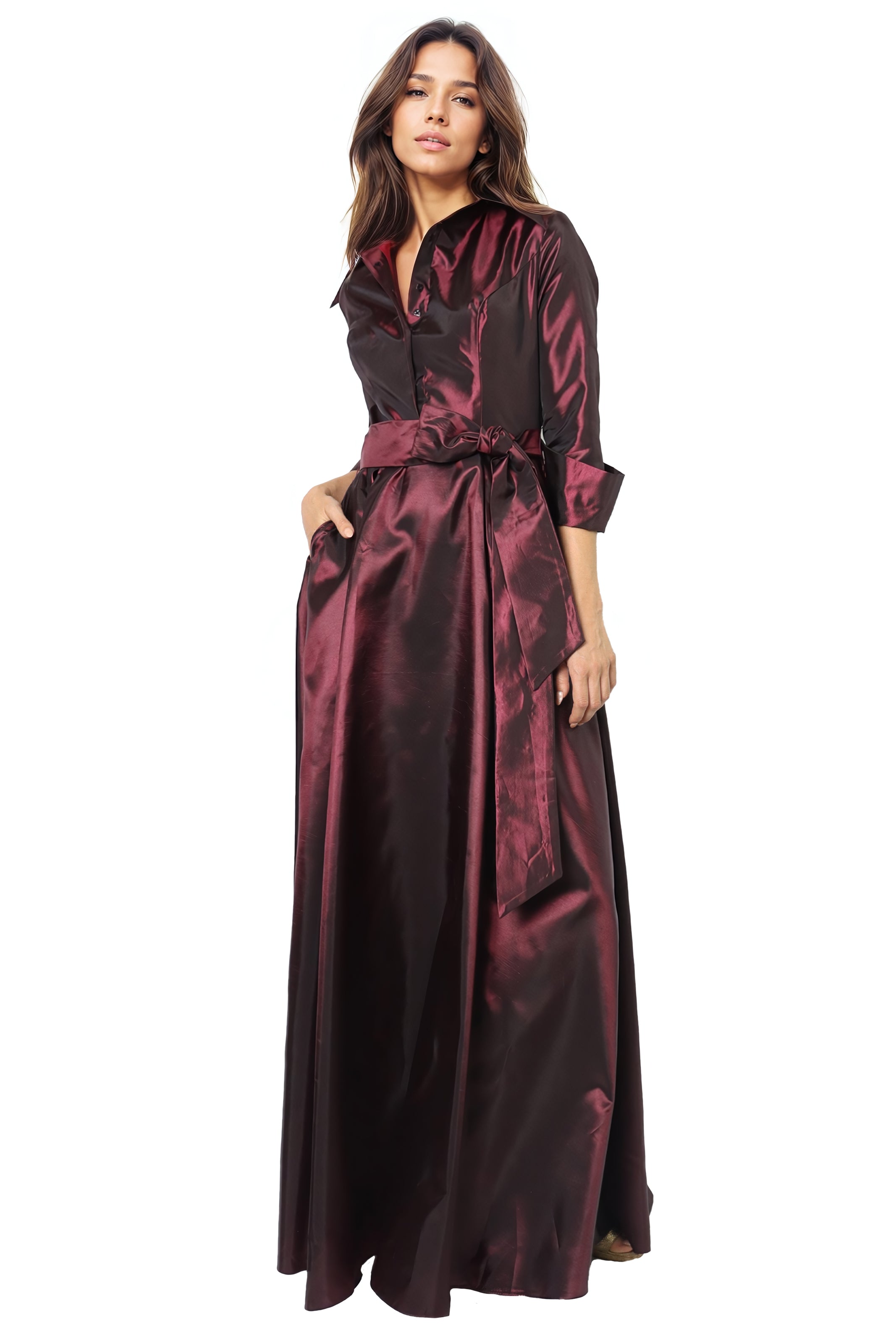 Belted A-Line Taffeta Gown Gown Rene Ruiz Collection