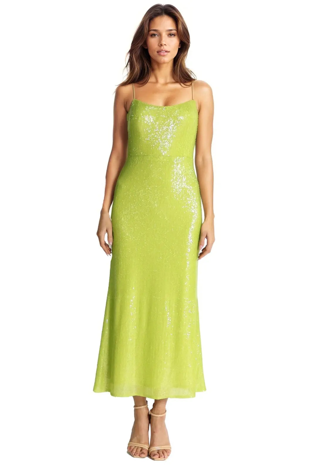 Spaghetti Strap Fit and Flare Sequin Midi Gown Rene Ruiz Collection 0 Neon Lime
