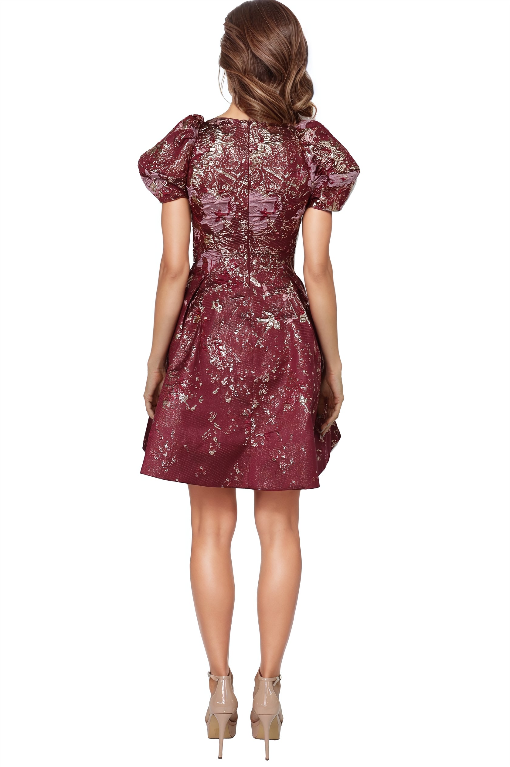 Puff Sleeve A-line Brocade Cocktail Cocktail Rene Ruiz Collection