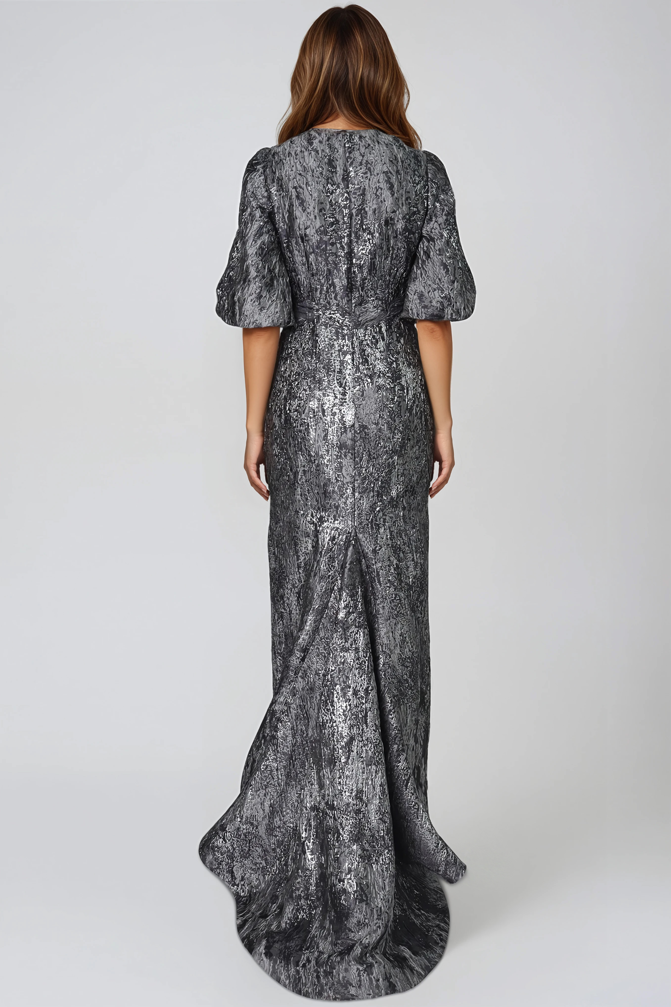 3/4 Puff Sleeve Brocade Gown
