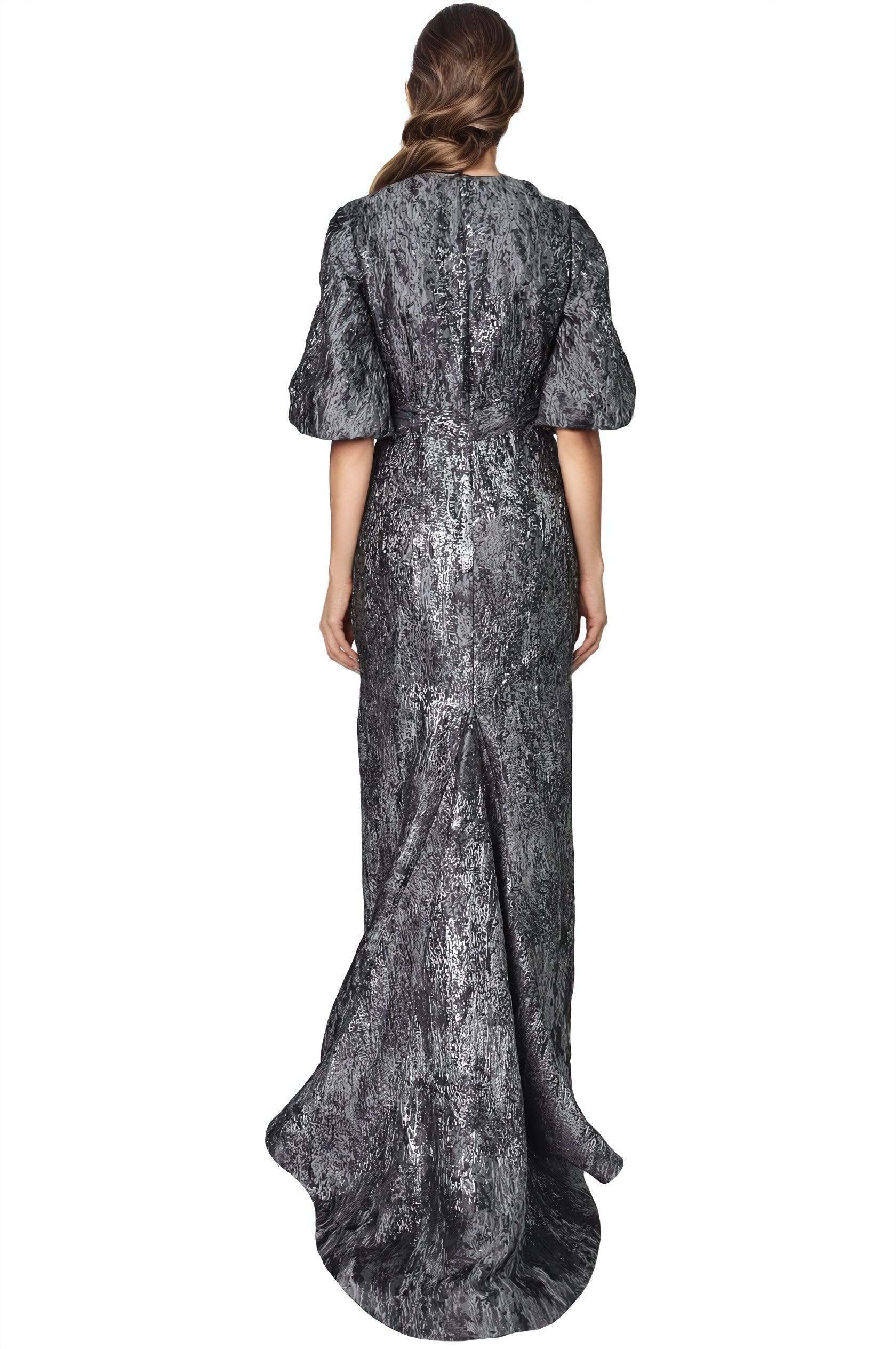3/4 Puff Sleeve Brocade Gown Gown Rene Ruiz Collection
