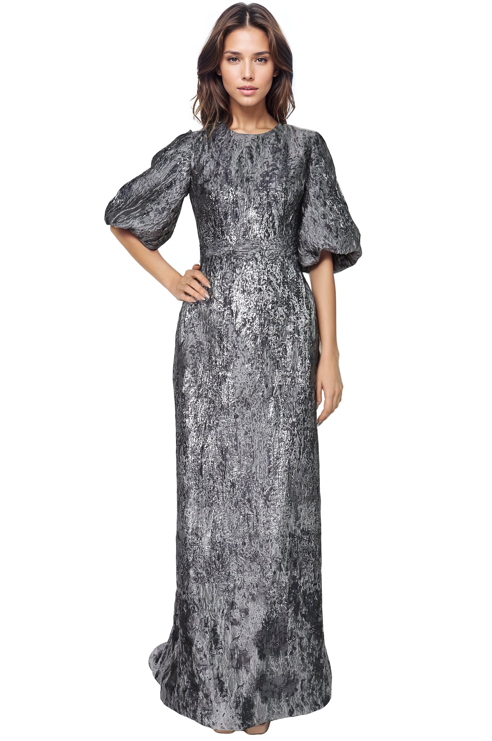 3/4 Puff Sleeve Brocade Gown Gown Rene Ruiz Collection