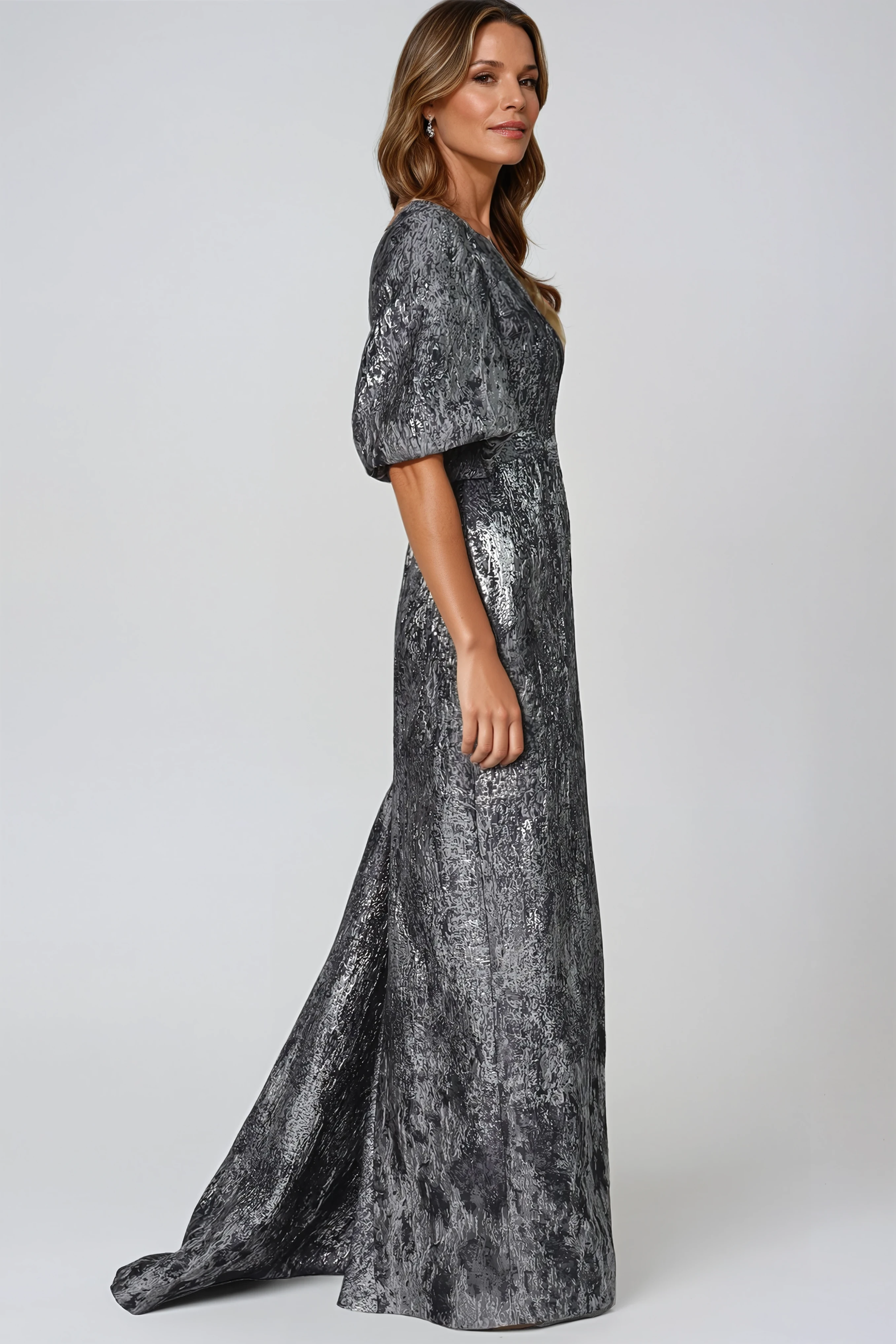 3/4 Puff Sleeve Brocade Gown