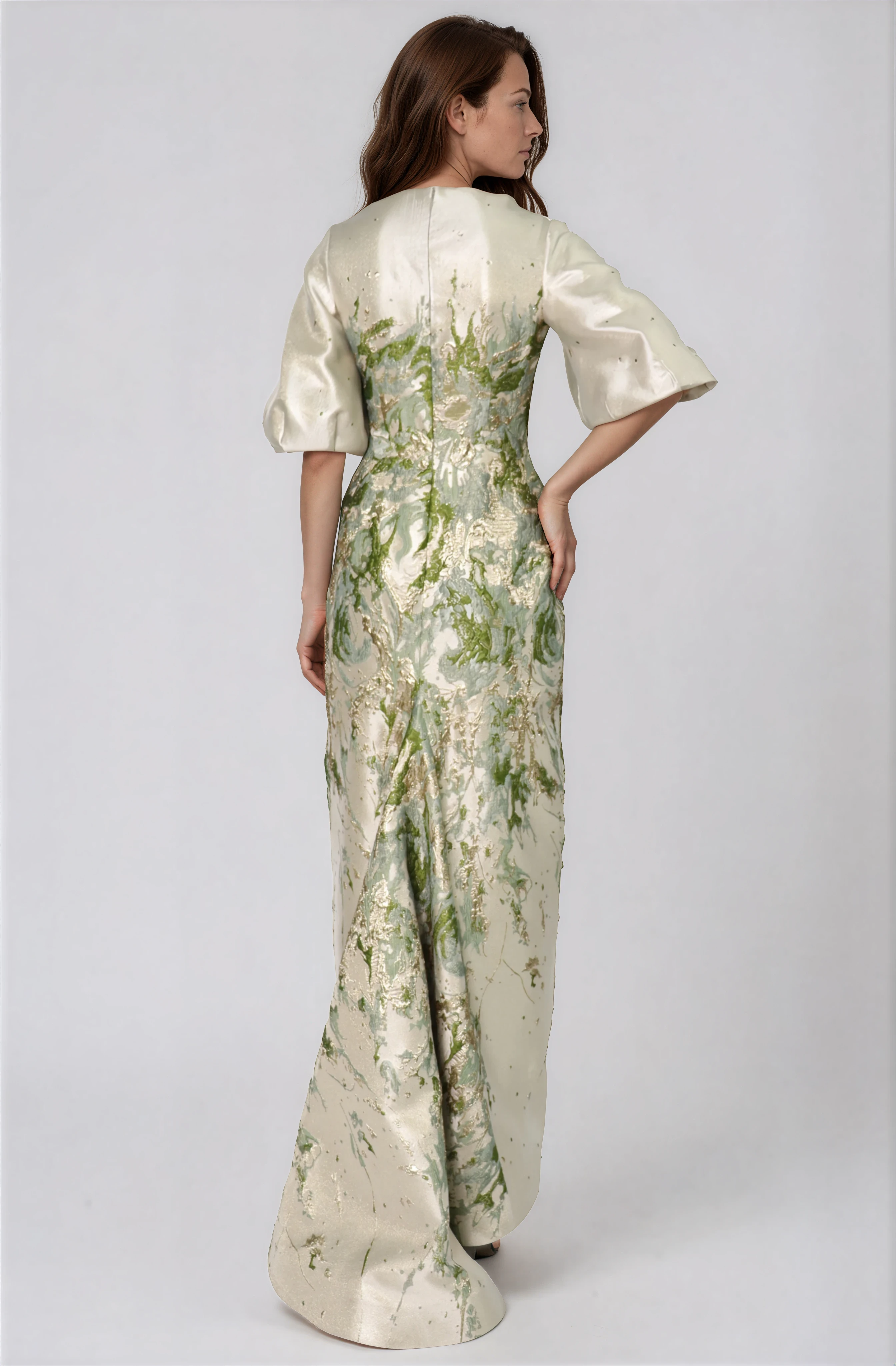 3/4 Puff Sleeve Brocade Gown