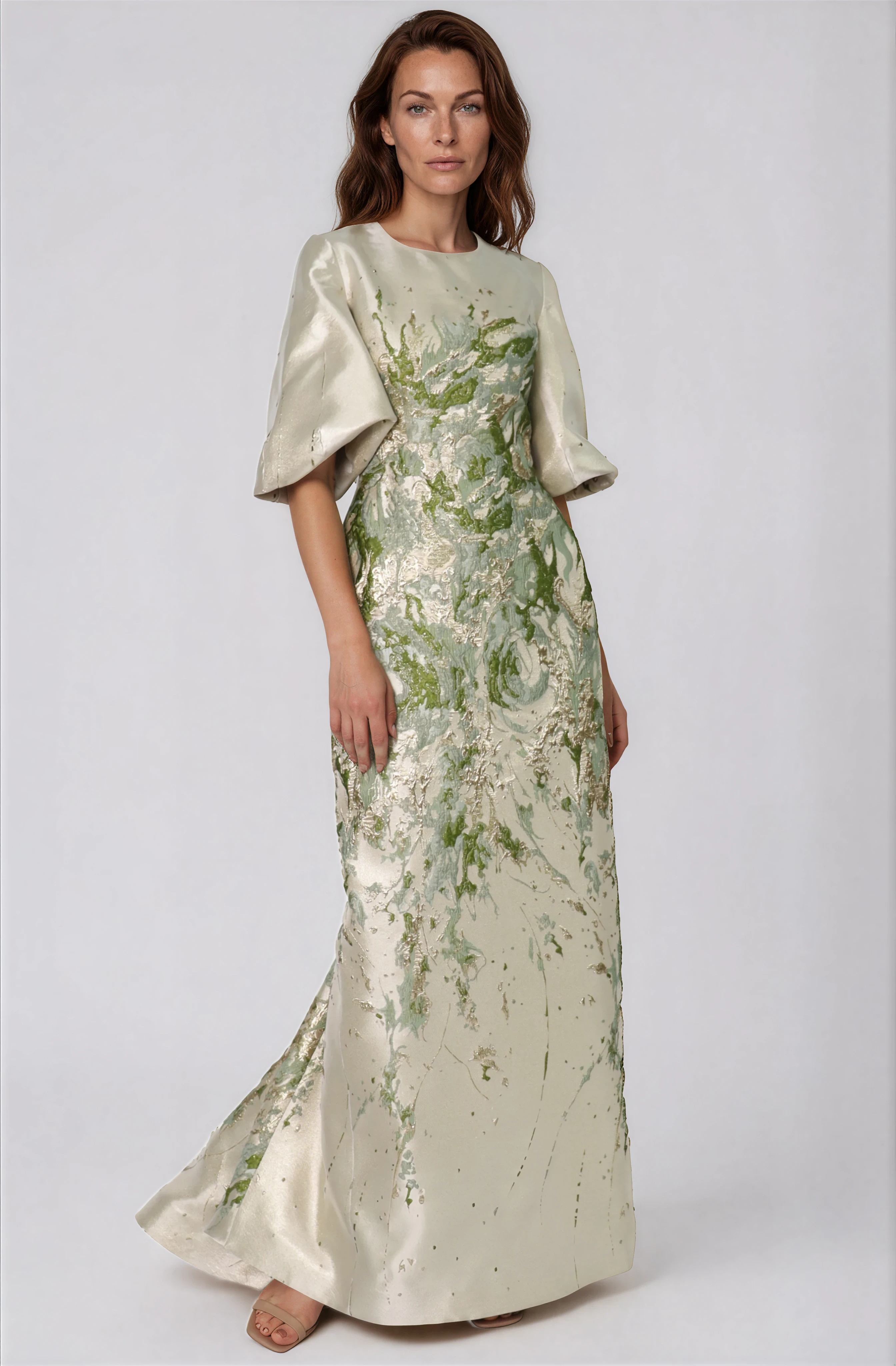 3/4 Puff Sleeve Brocade Gown