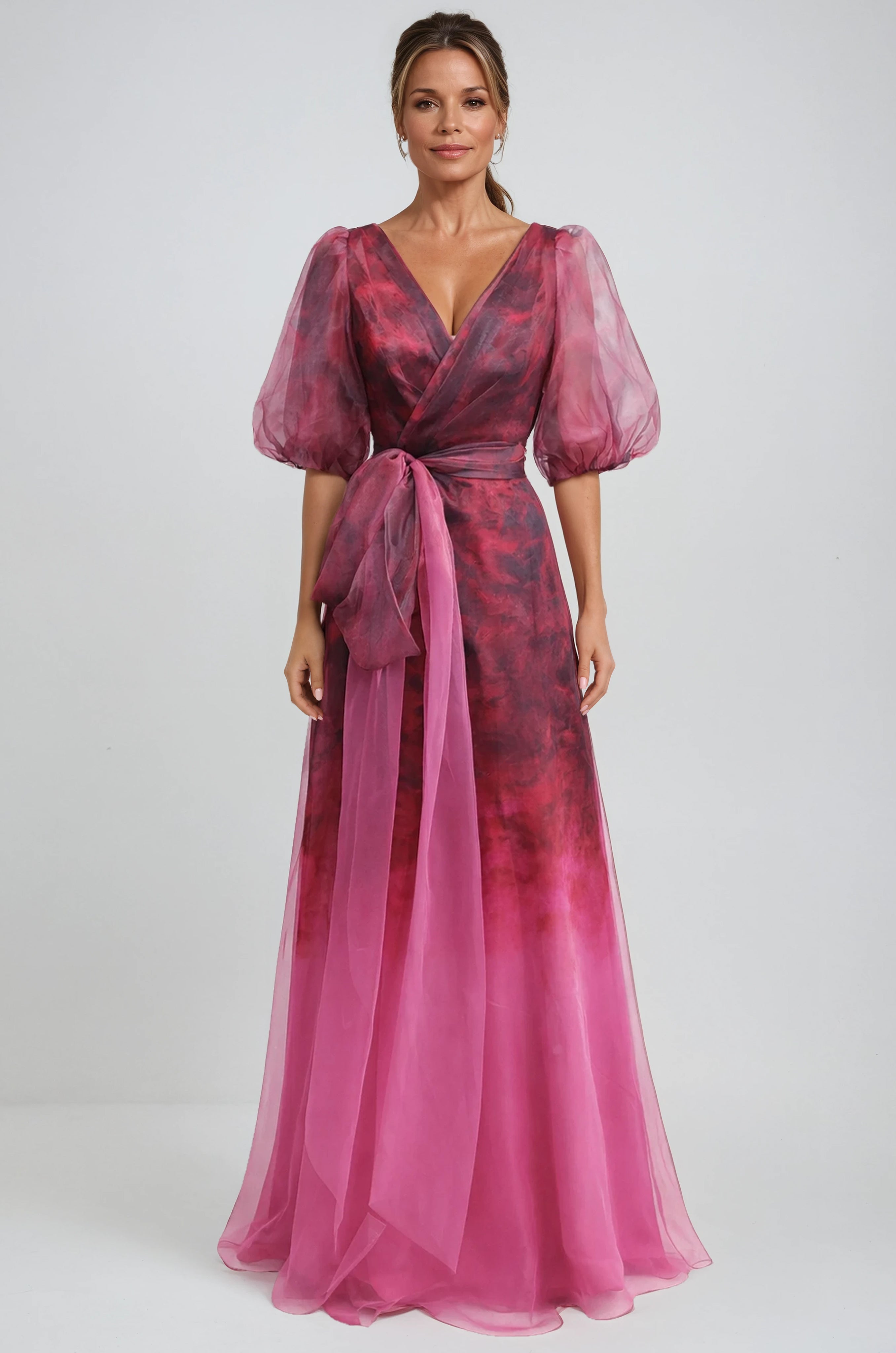 Organza V-Neck Puff Sleeves A-Line Wrap Gown