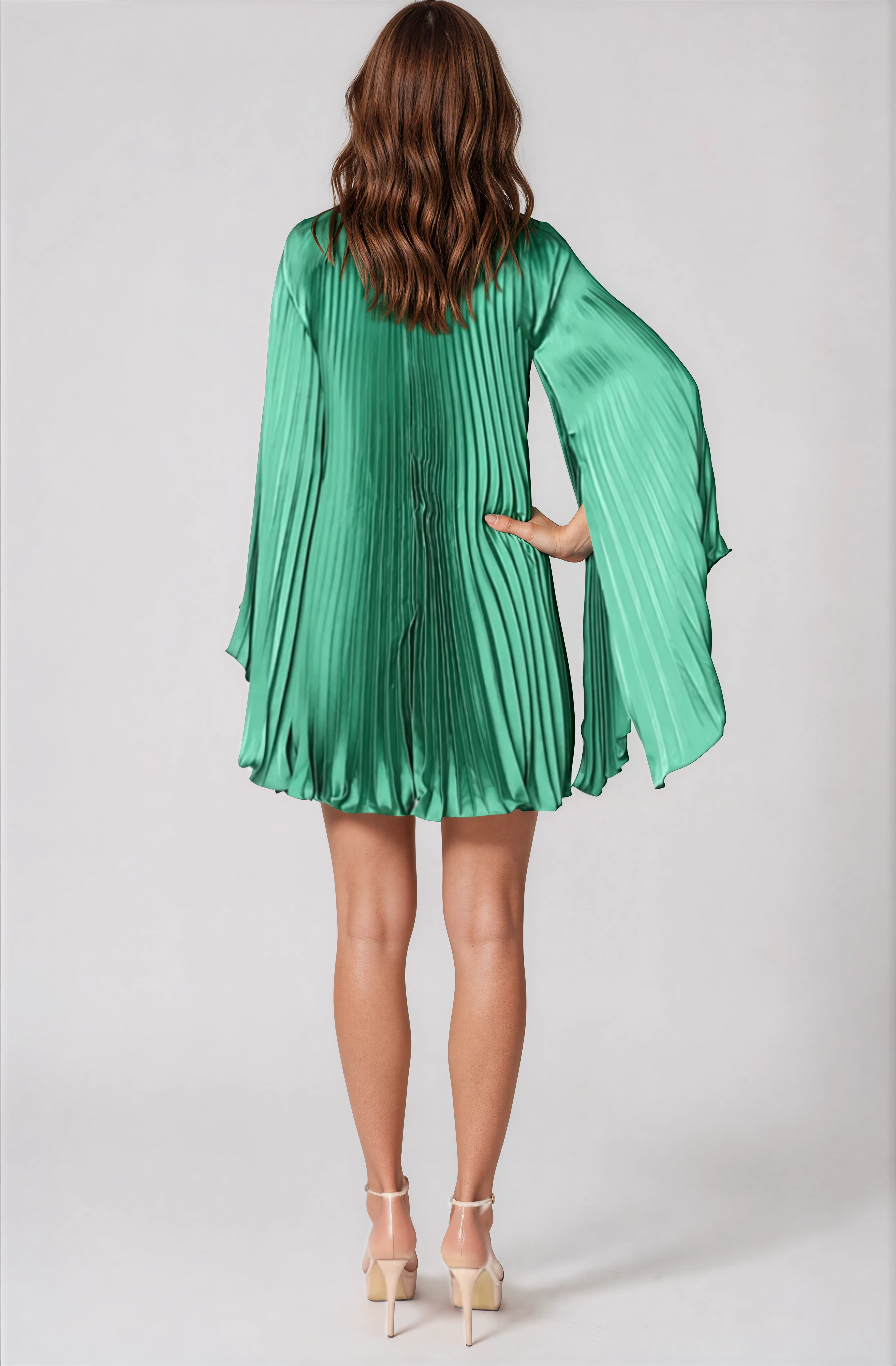 Long Sleeve Pleated Charmeuse Cocktail Cocktail Rene Ruiz Collection