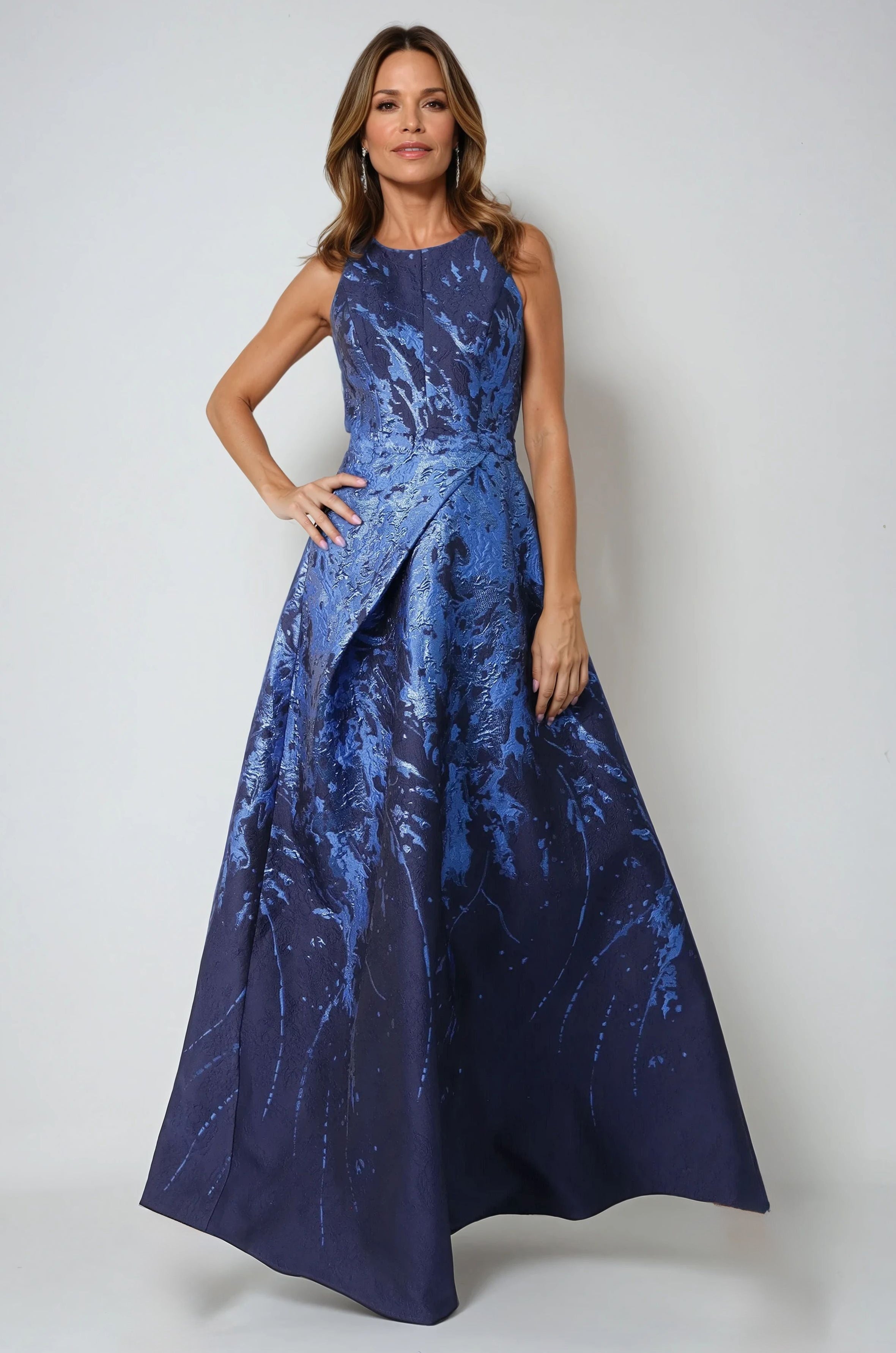 Brocade Boarder Printed Halter A-Line Gown Gown Rene Ruiz Collection