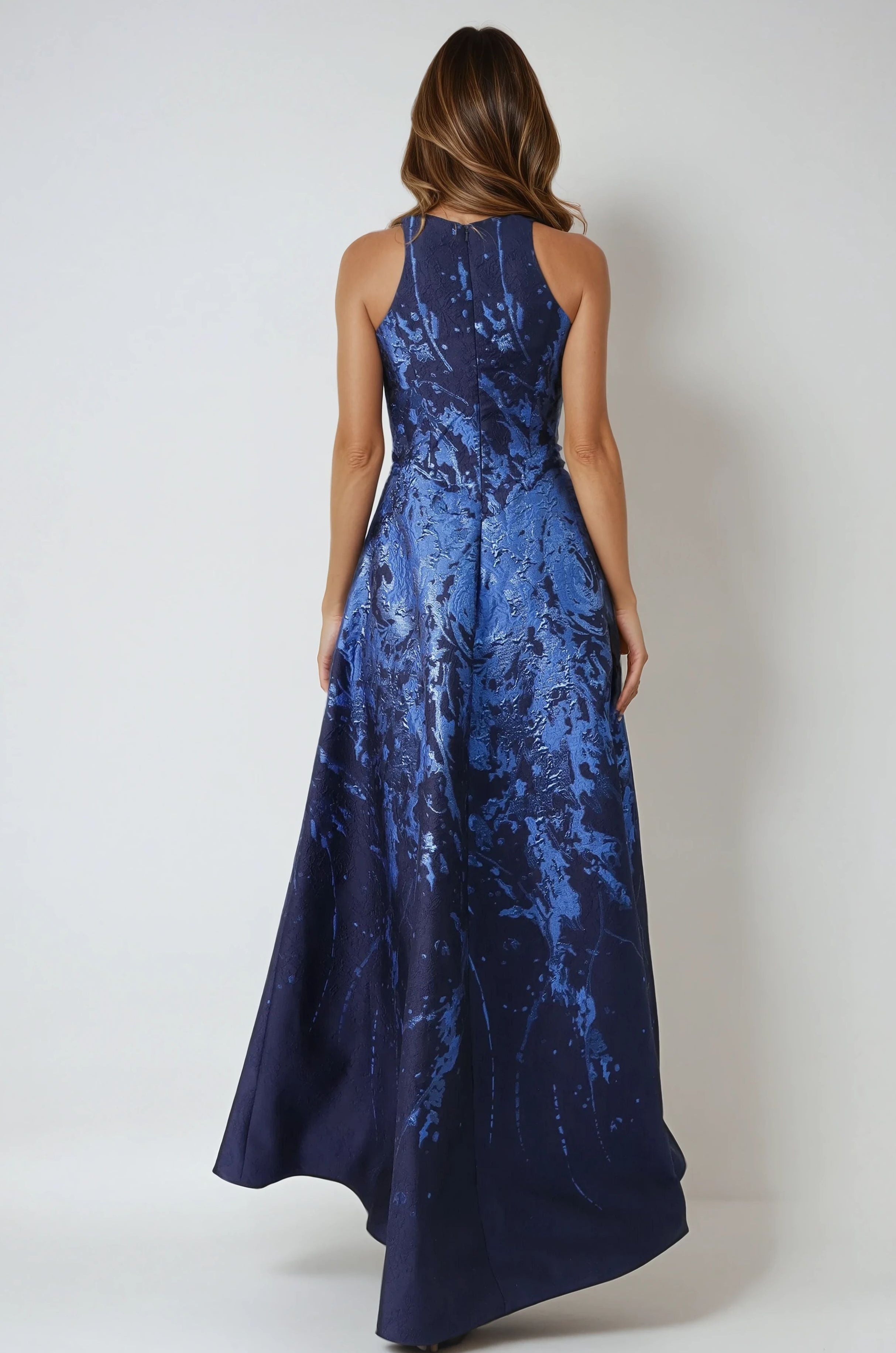 Brocade Boarder Printed Halter A-Line Gown Gown Rene Ruiz Collection