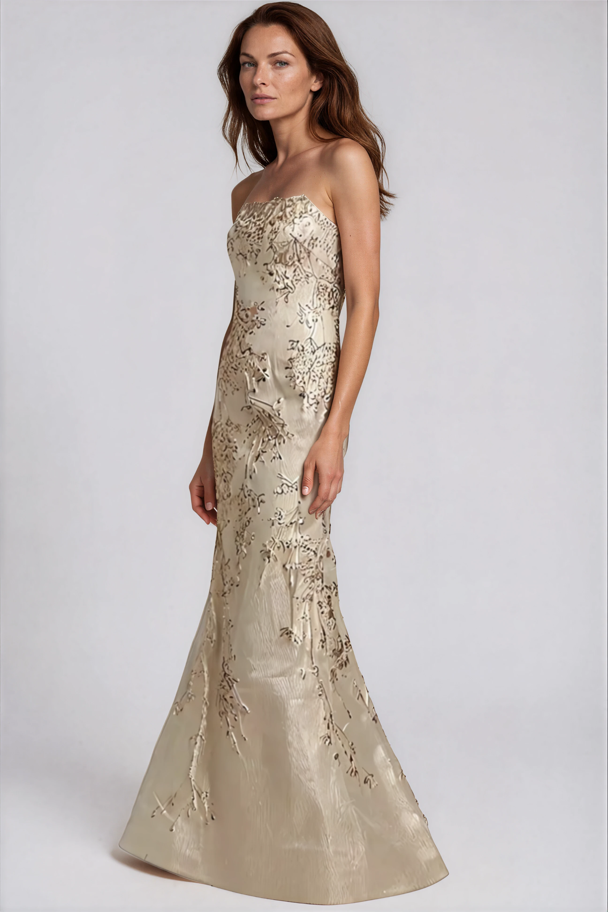 Strapless Fit and Flare Brocade Gown