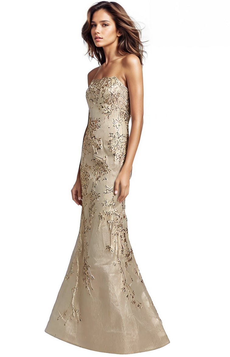 Strapless Fit and Flare Brocade Gown Gown Rene Ruiz Collection