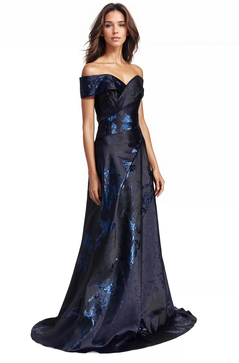 Off The Shoulder Brocade Gown Gown Rene Ruiz Collection 0 Navy