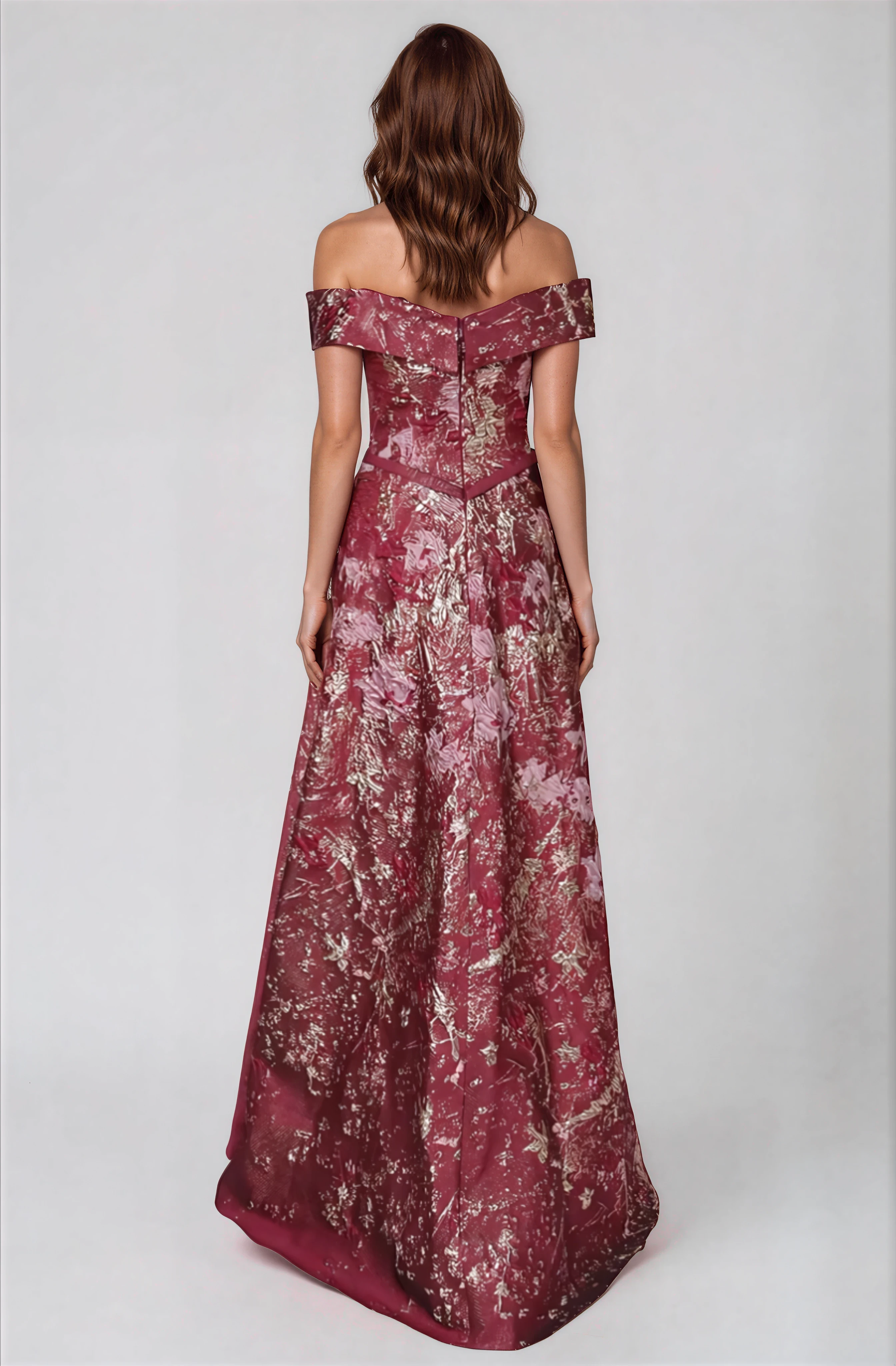 Off The Shoulder A-Line Brocade Gown Gown Rene Ruiz Collection