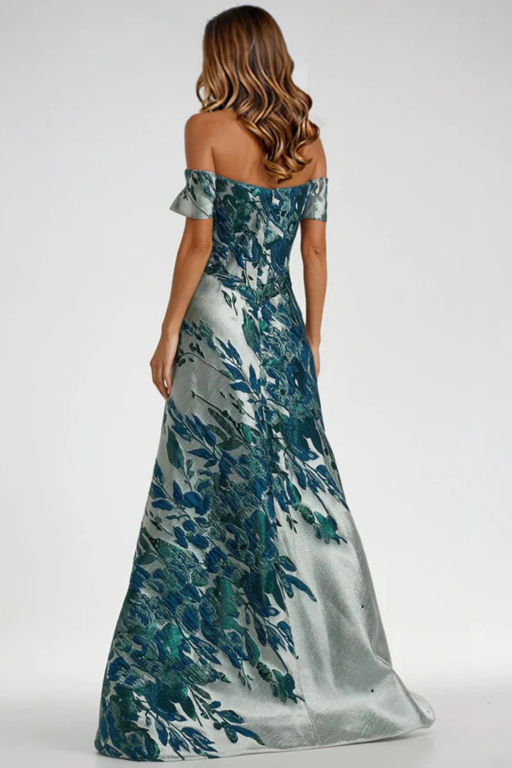 Off The Shoulder Bias Brocade Gown Gown Rene Ruiz Collection