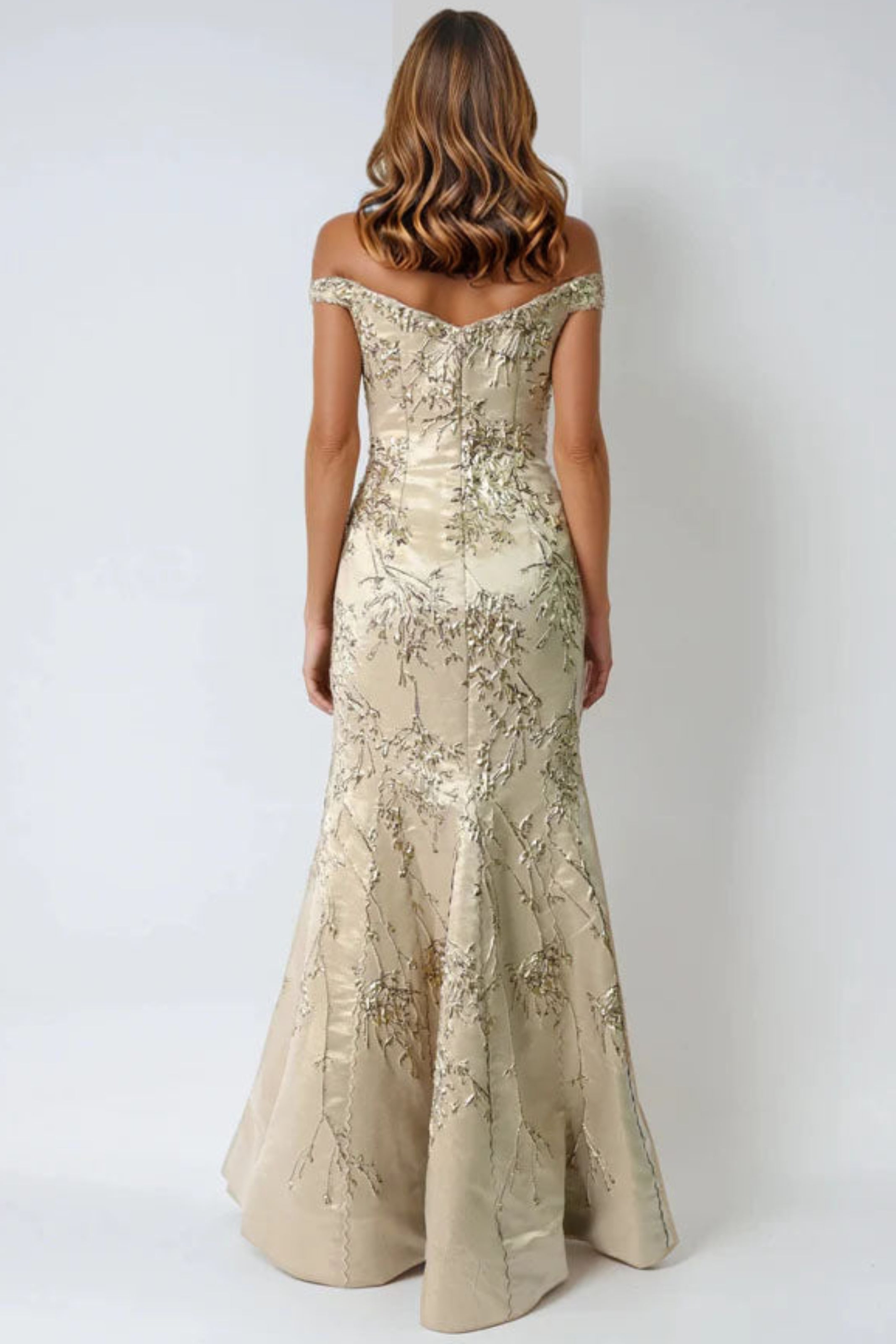 Off The Shoulder Brocade Fit And Flare Gown Gown Rene Ruiz Collection