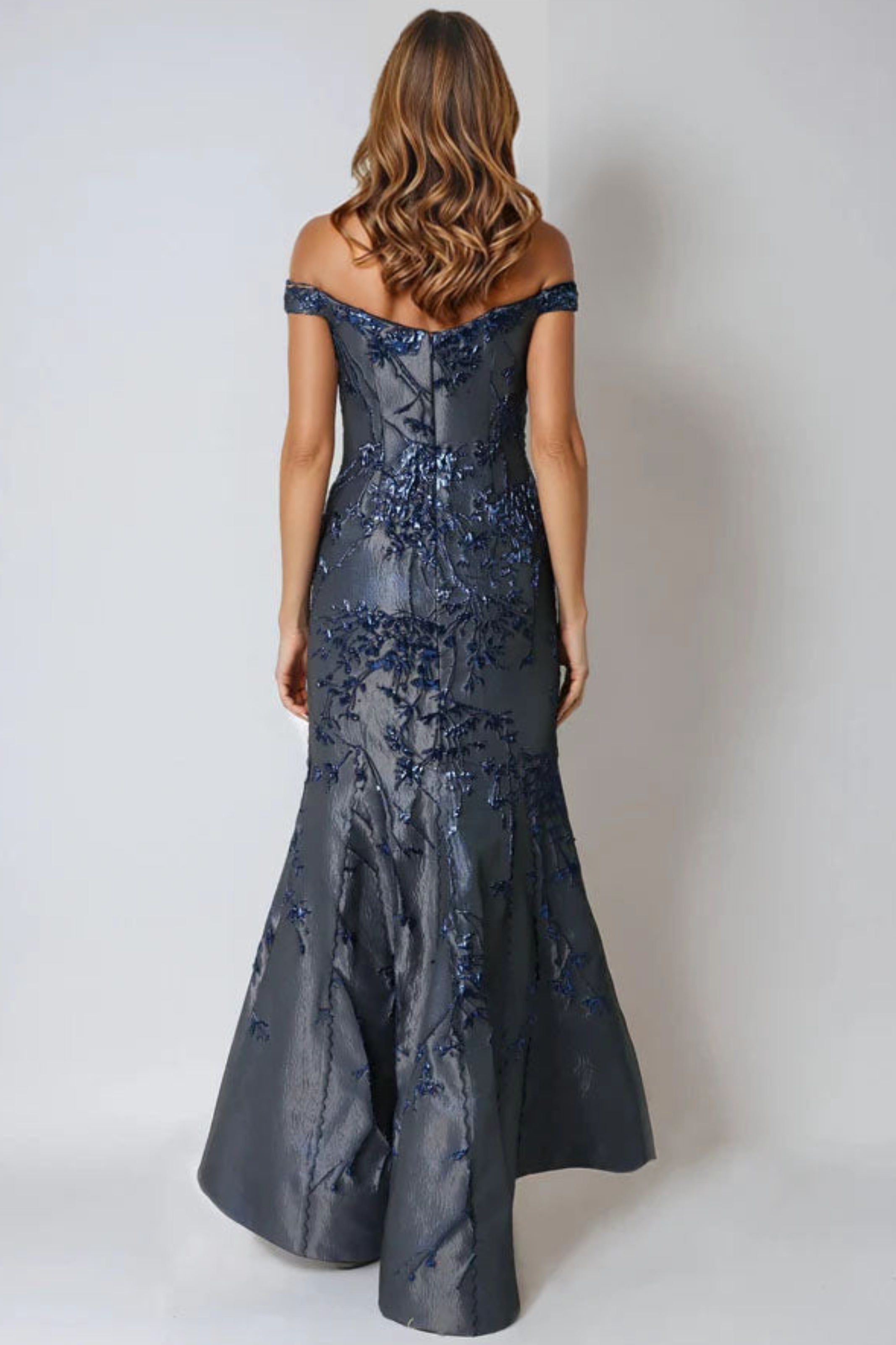 Off The Shoulder Brocade Fit And Flare Gown Gown Rene Ruiz Collection
