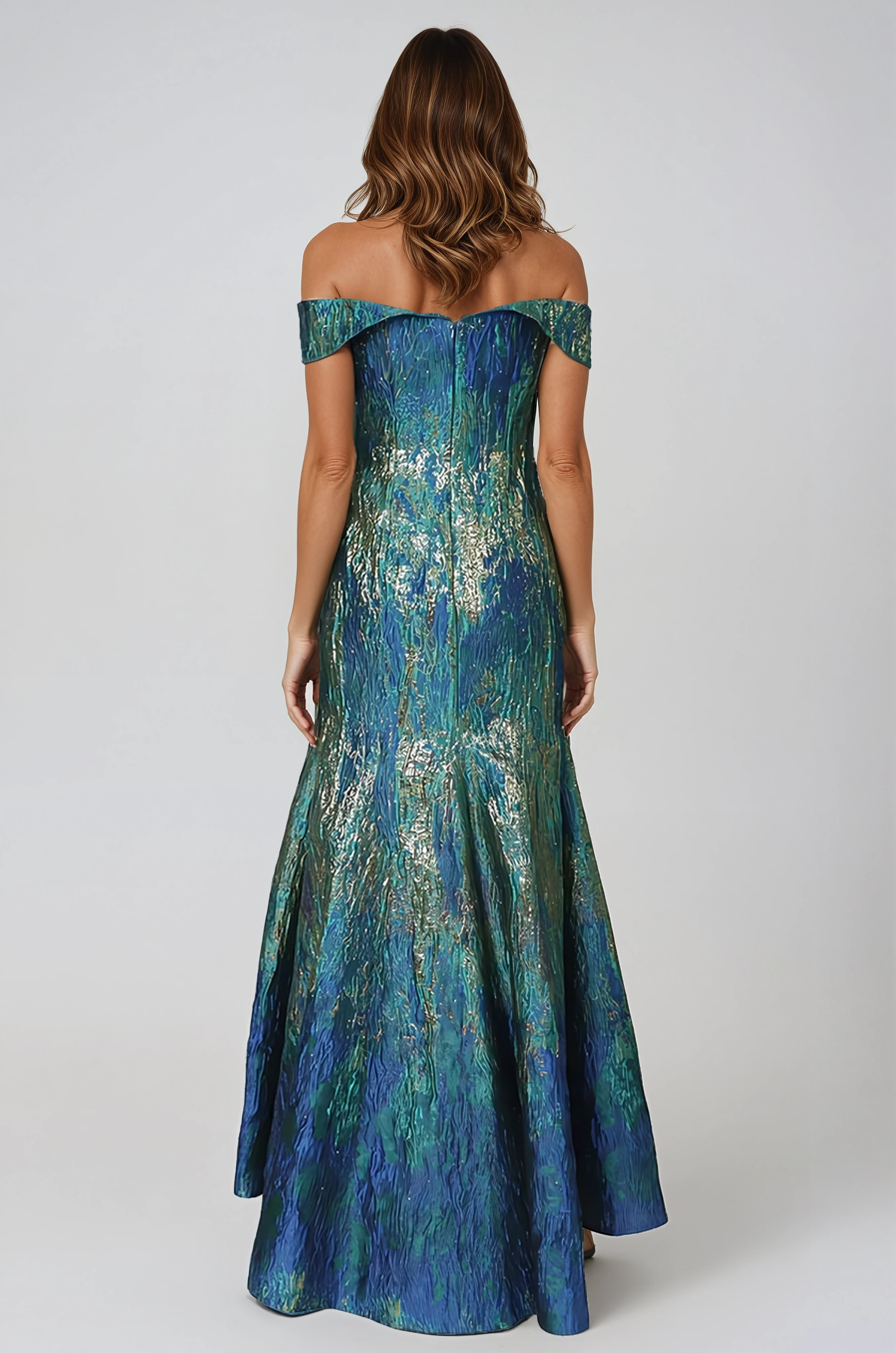 Off The Shoulder Brocade Fit and Flare Gown Rene Ruiz Collection
