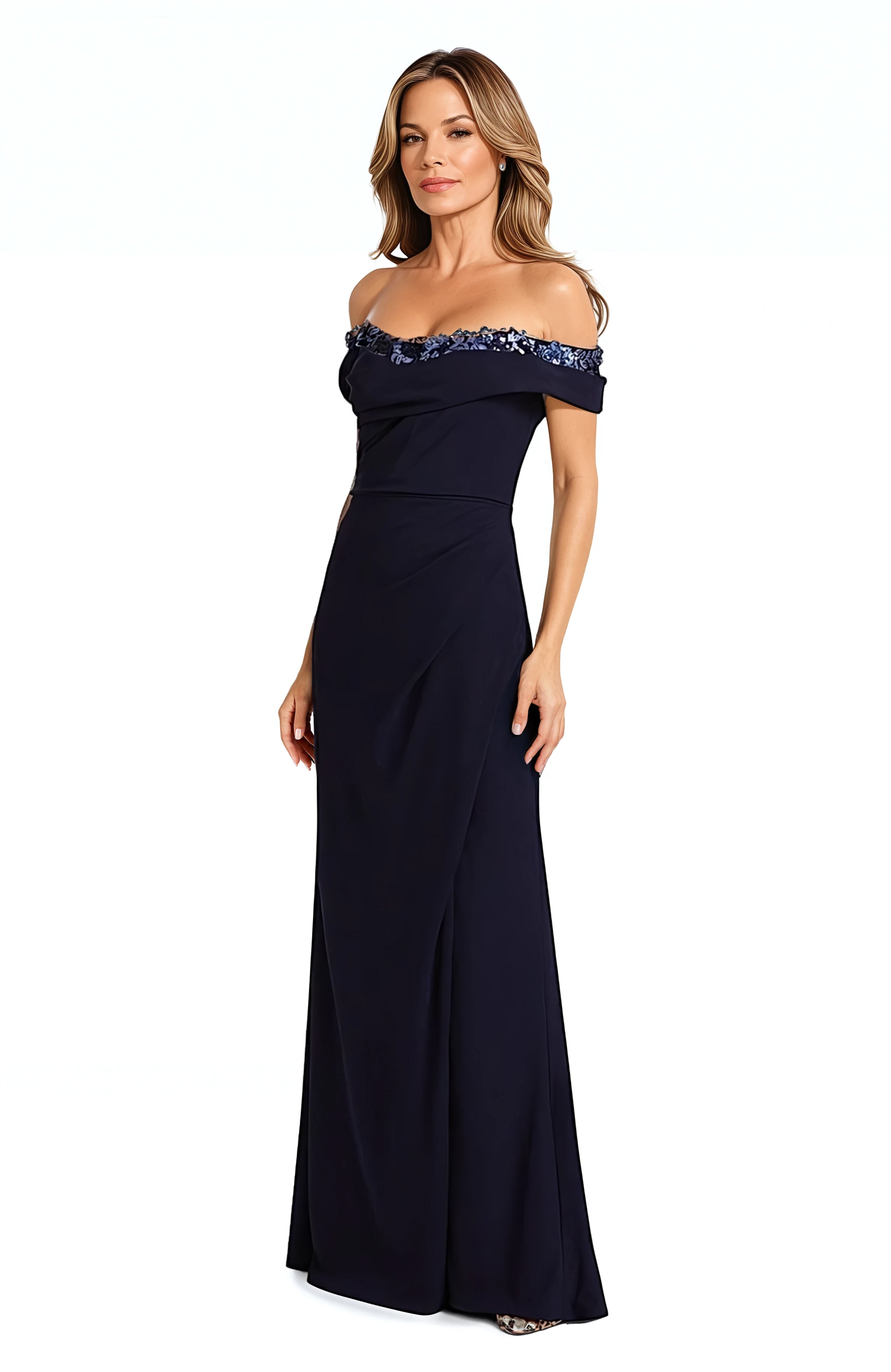 Off The Shoulder Crepe Fit And Flare Gown Gown Rene Ruiz Collection