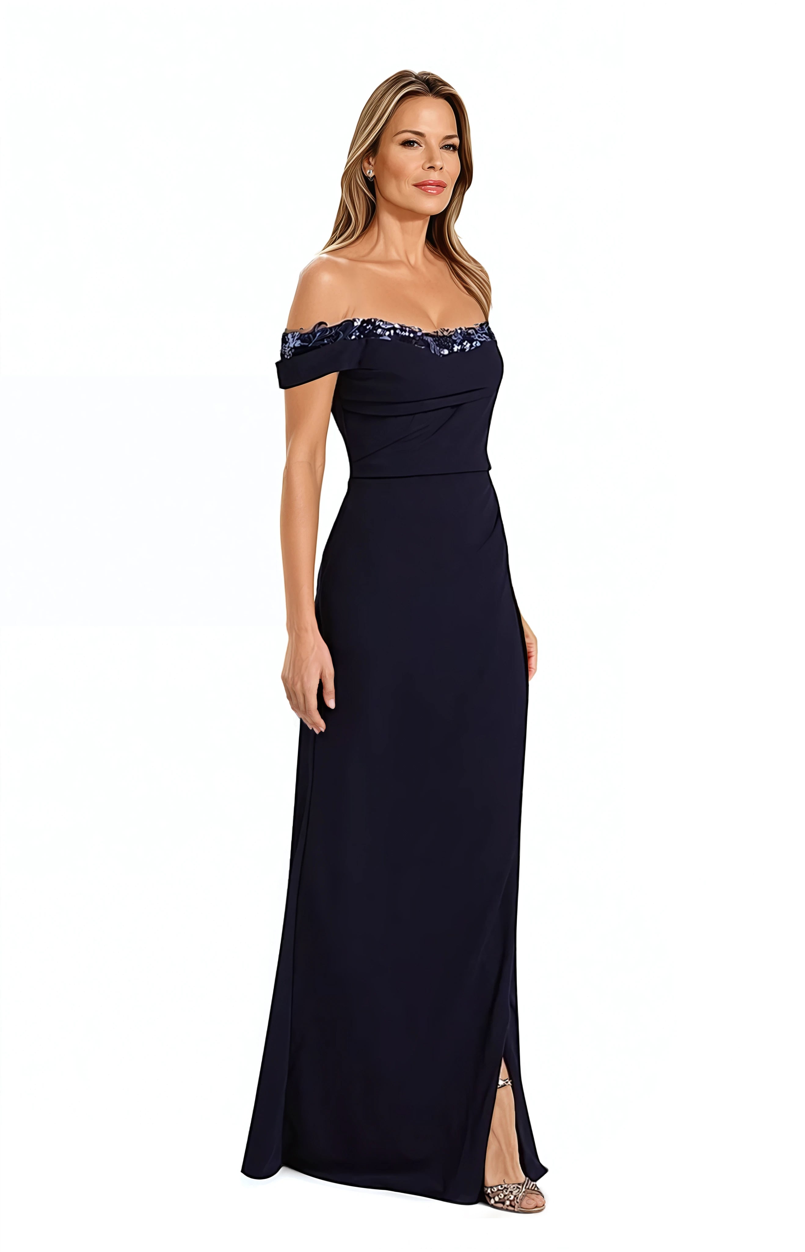Off The Shoulder Crepe Fit And Flare Gown Gown Rene Ruiz Collection