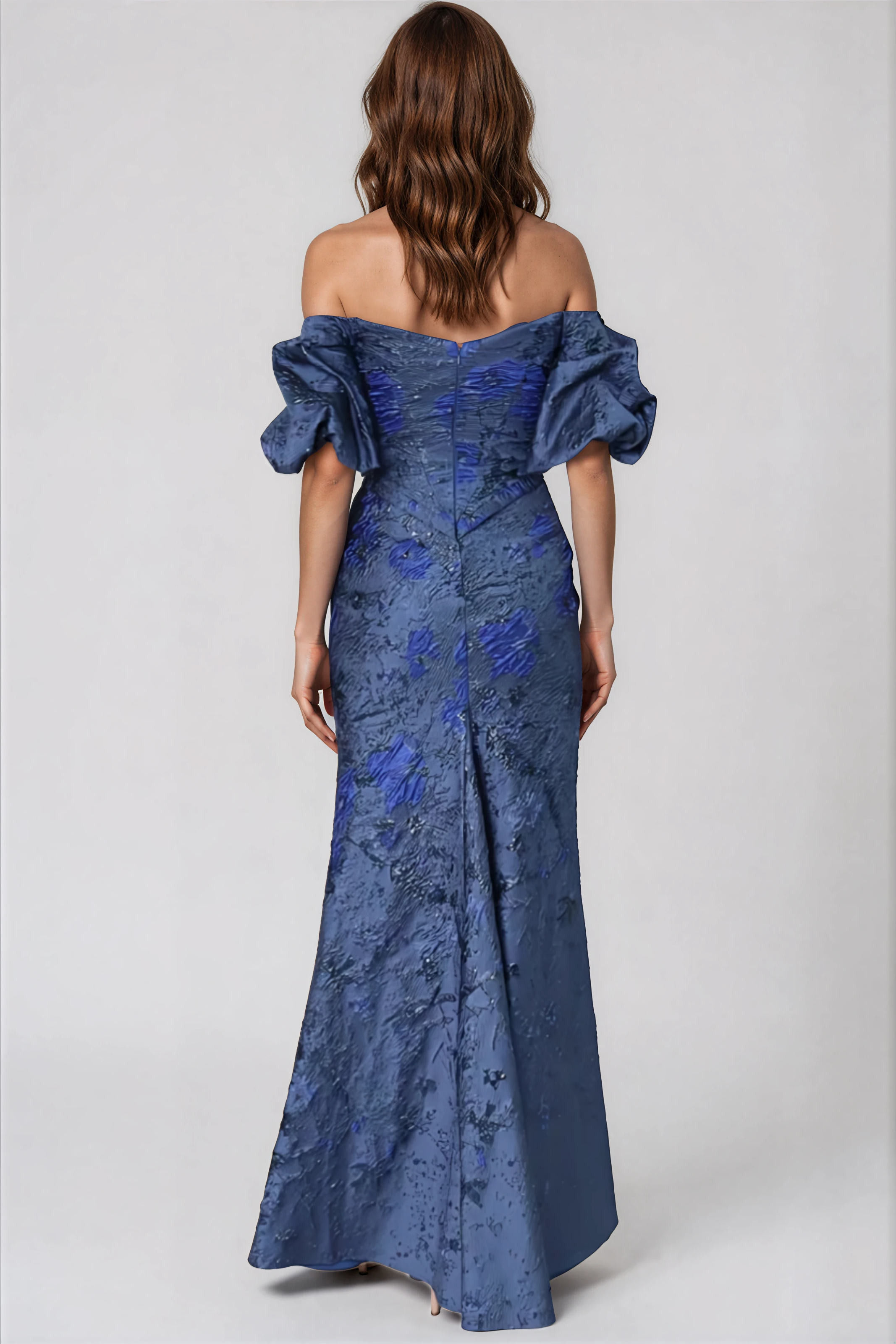 Off The Shoulder Gathered Puff Sleeve Brocade Gown with Notched Neckline Gown Rene Ruiz Collection