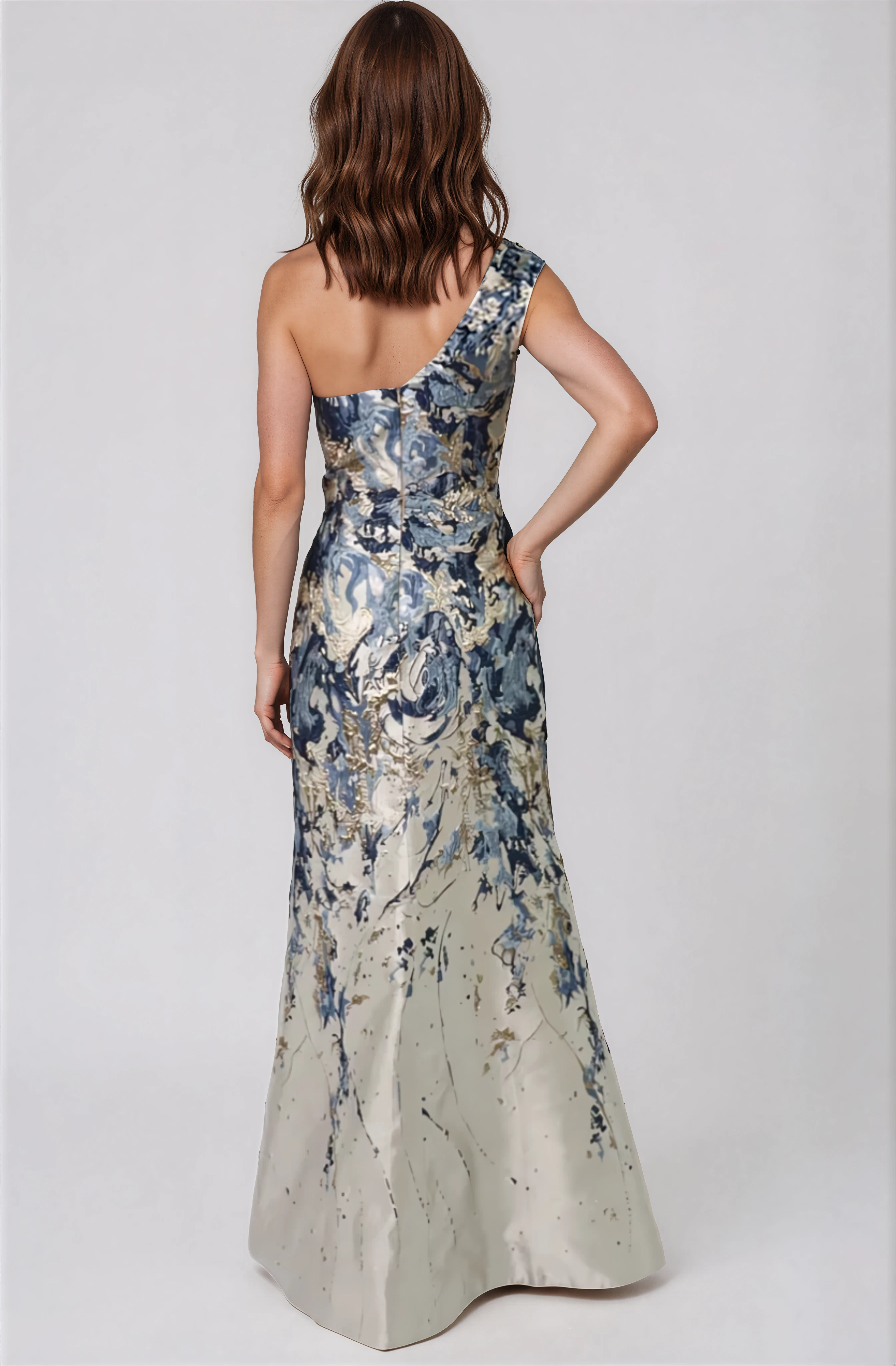One Shoulder Brocade Column Gown Gown Rene Ruiz Collection