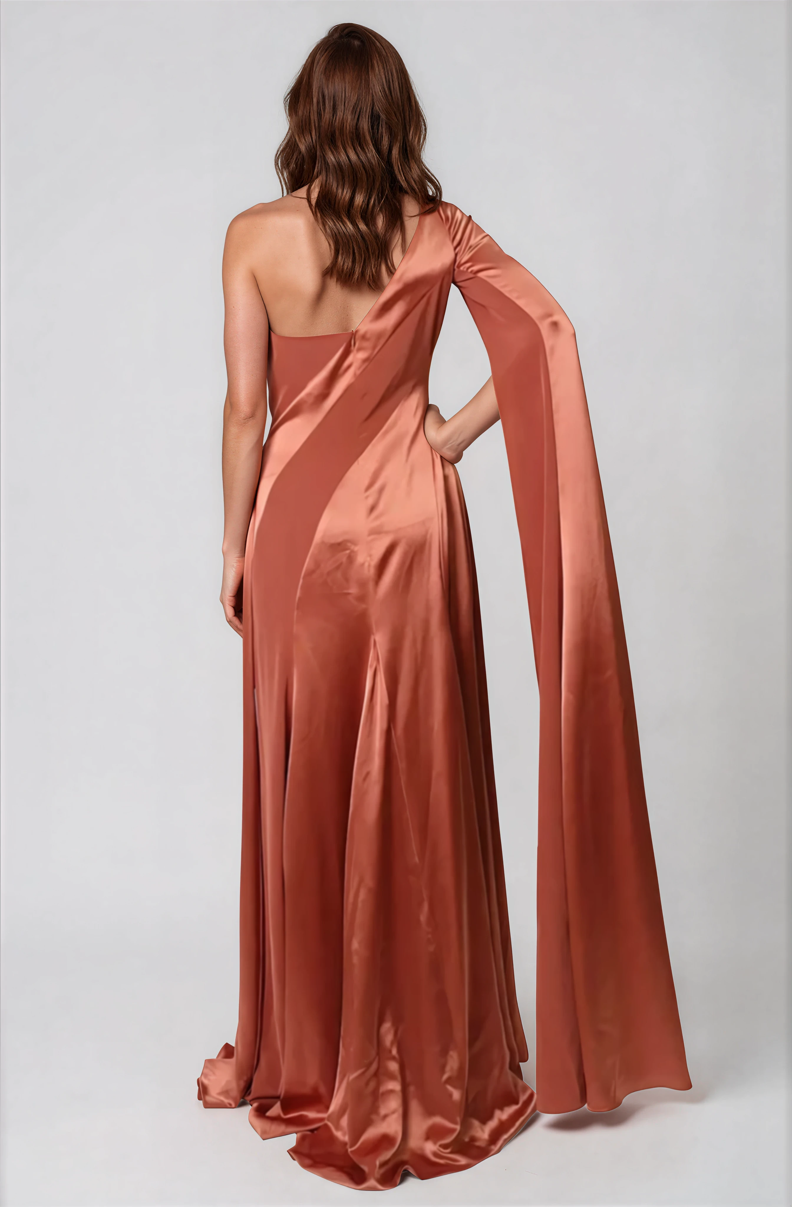 One Shoulder Satin Crepe Fit And Flare Gown Gown Rene Ruiz Collection