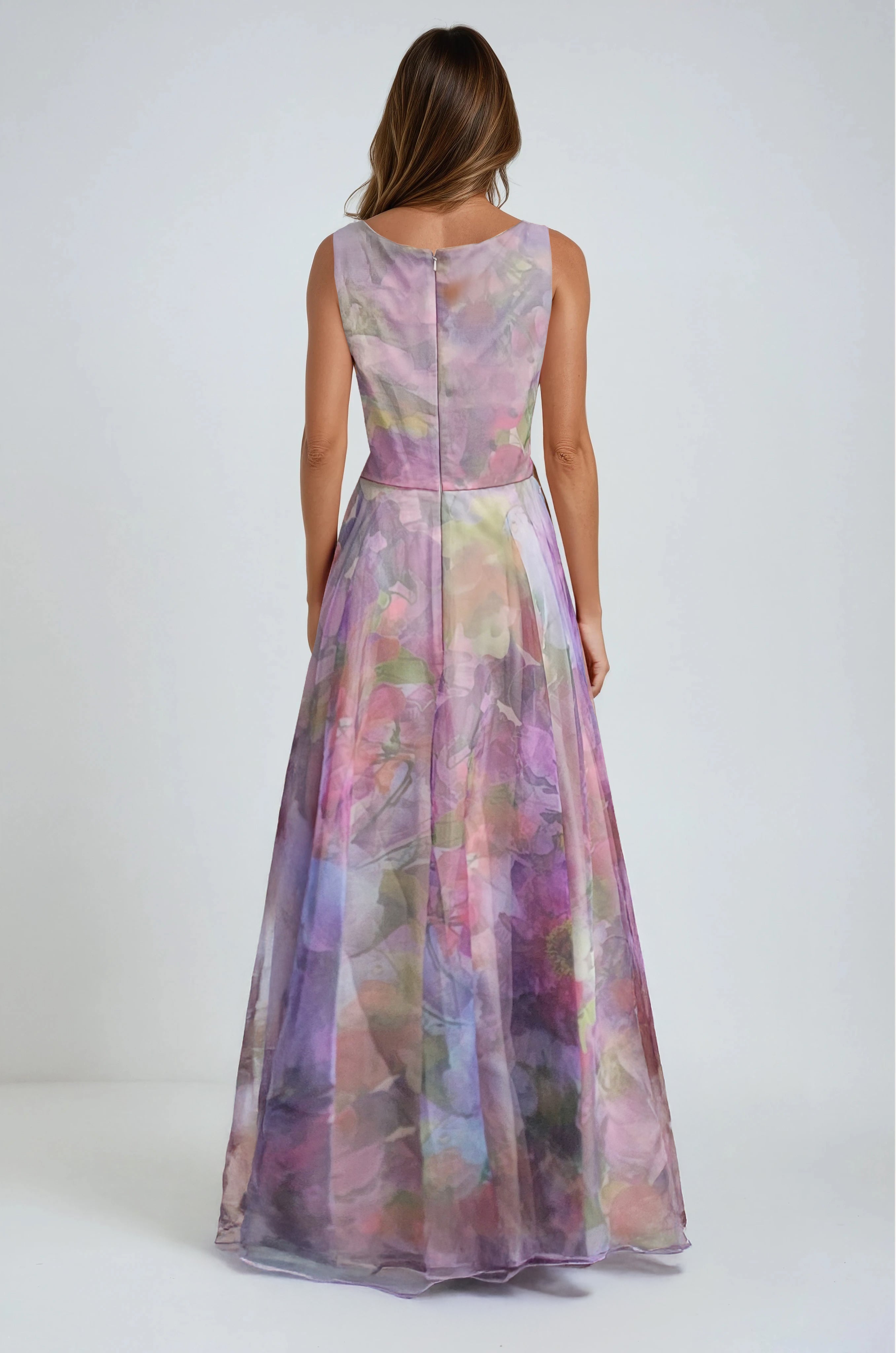 Printed Organza V-Neck Sleeveless Gown