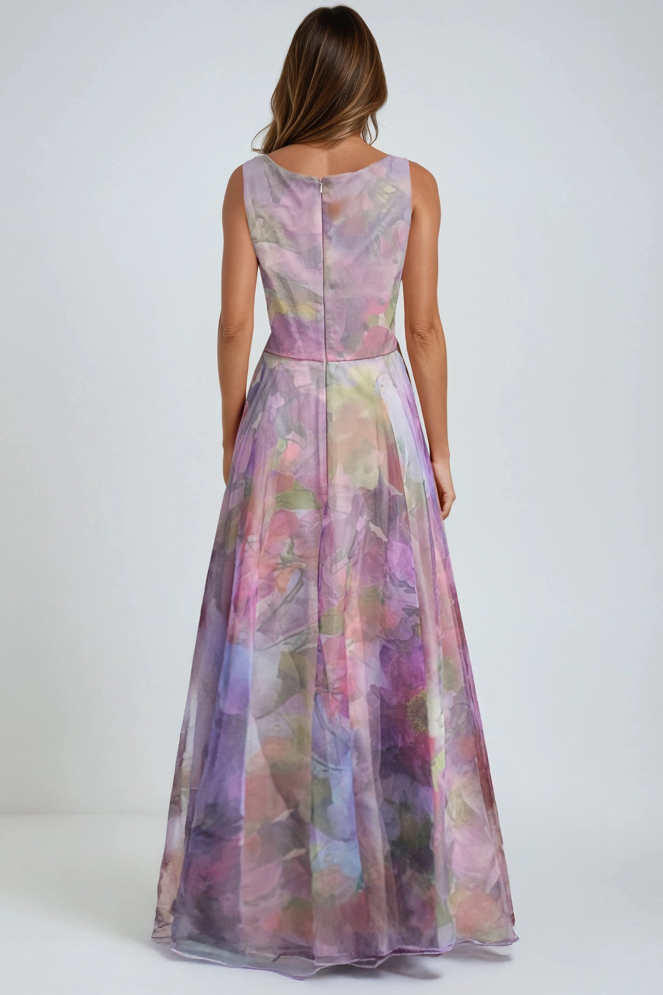 Printed Organza V-Neck Sleeveless Gown Gown Rene Ruiz Collection