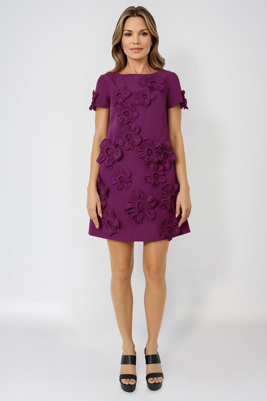 Short Sleeve Crepe Floral Applique Mini Cocktail Cocktail Rene Ruiz Collection