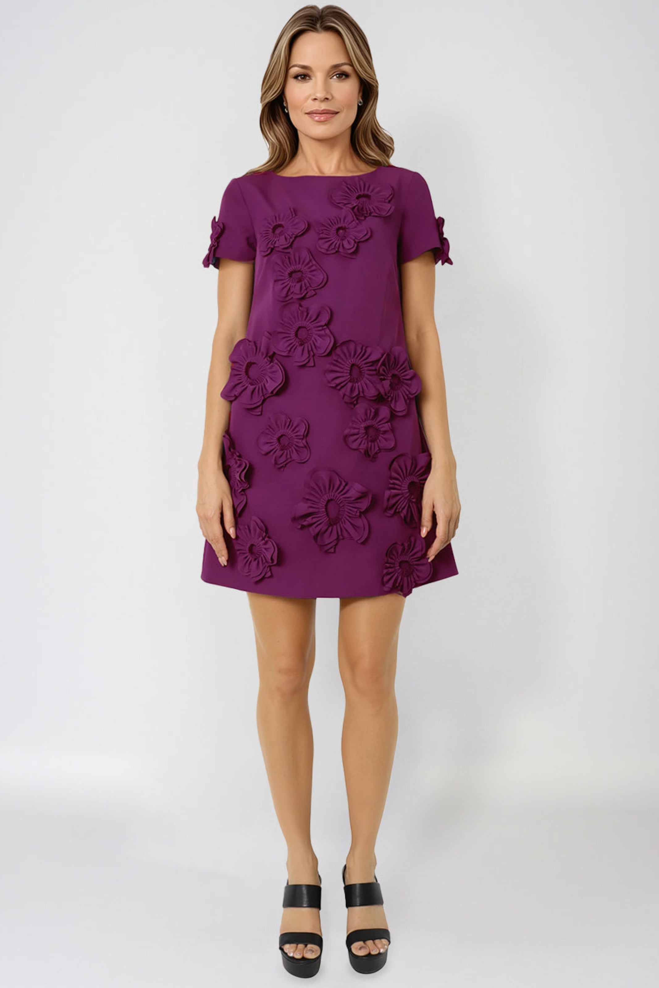 Short Sleeve Crepe Floral Applique Mini Cocktail Cocktail Rene Ruiz Collection