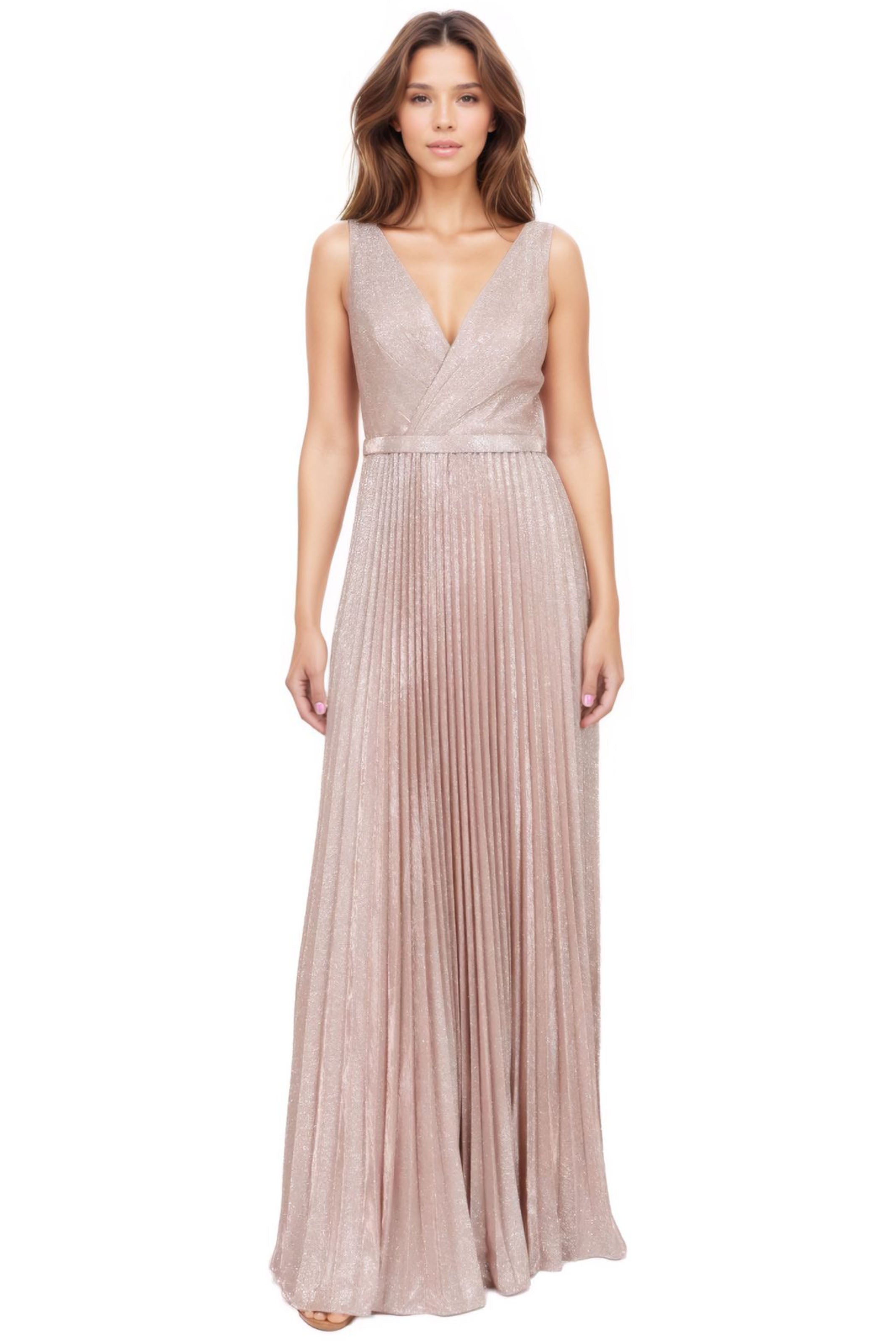 V Neck Pleated Evening Formal Gown Gown Rene Ruiz Collection 2 Blush