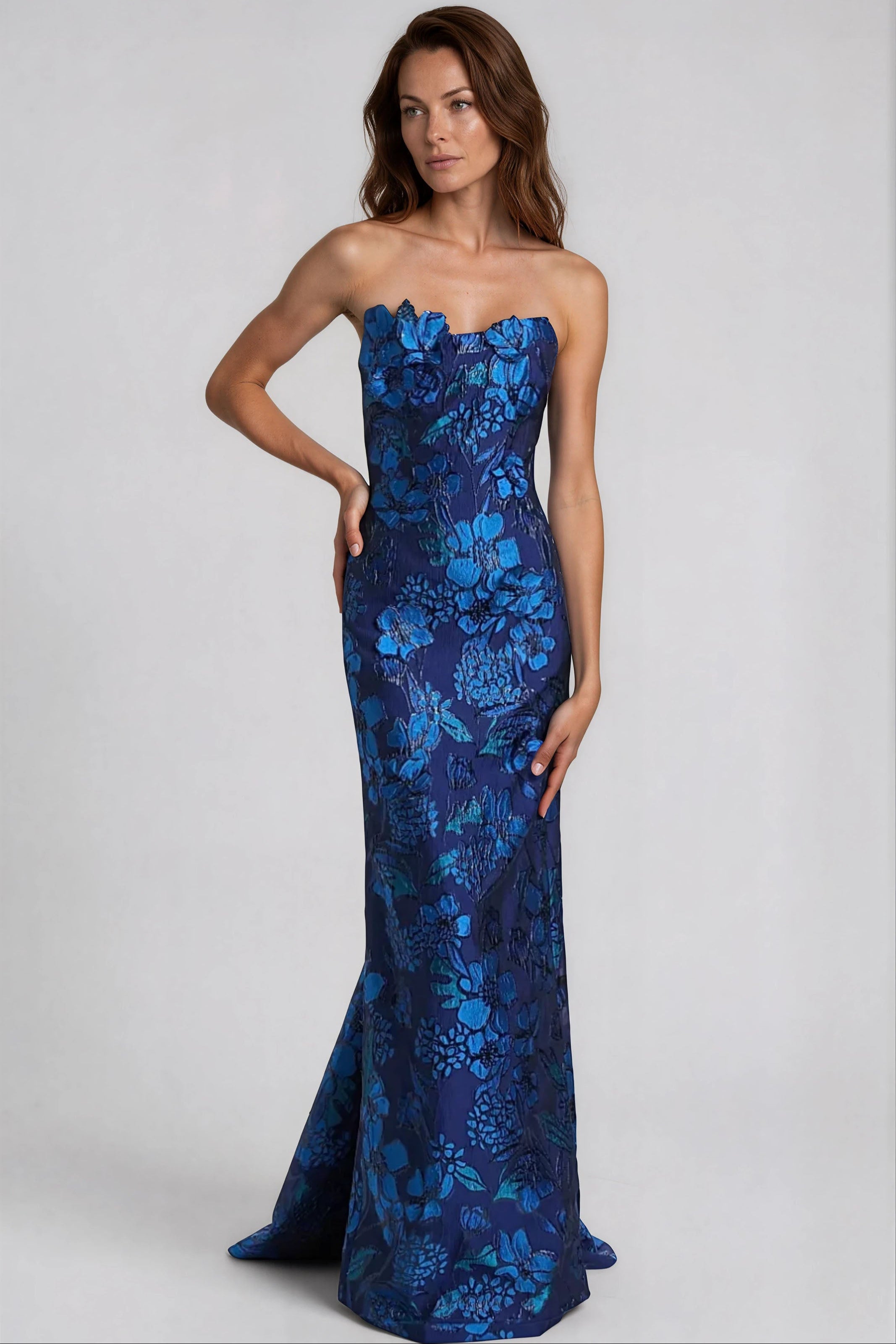 Strapless Sweetheart Brocade Fit And Flare Gown Gown Rene Ruiz Collection