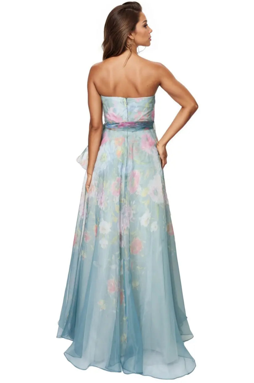 Strapless Organza Gown With Belt Gown Rene Ruiz Collection