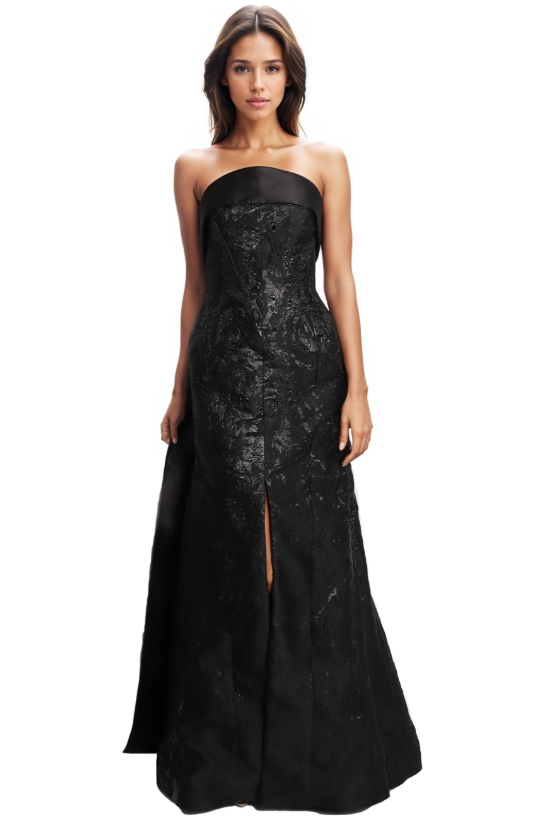 Strapless Brocade Fit and Flare Gown With Satin Sash Detail Gown Rene Ruiz Collection